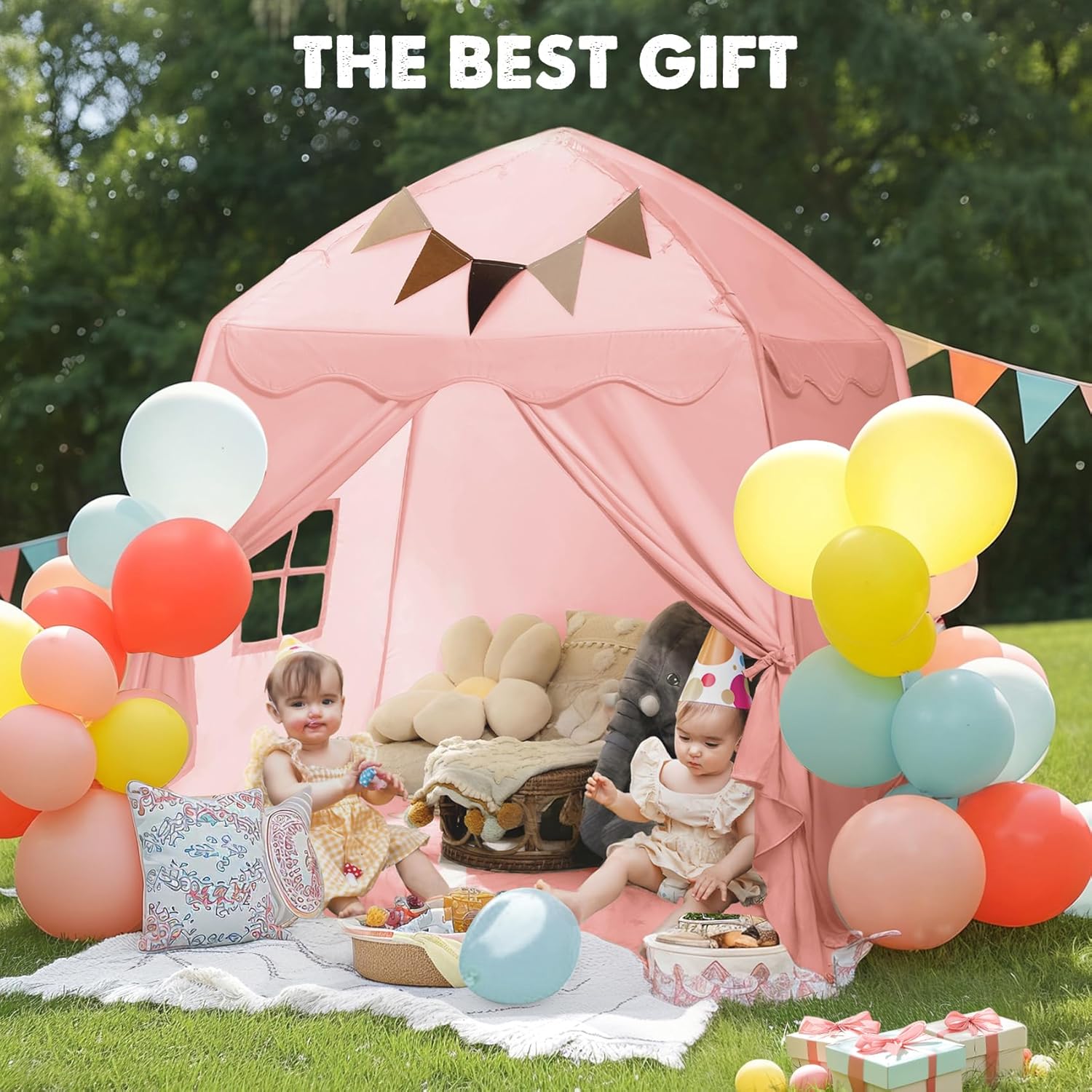 Tienda de campaña extragrande para niños con banderas y luces de estrella, tipi portátil y plegable, toldo de cama para niños y niñas, tienda de