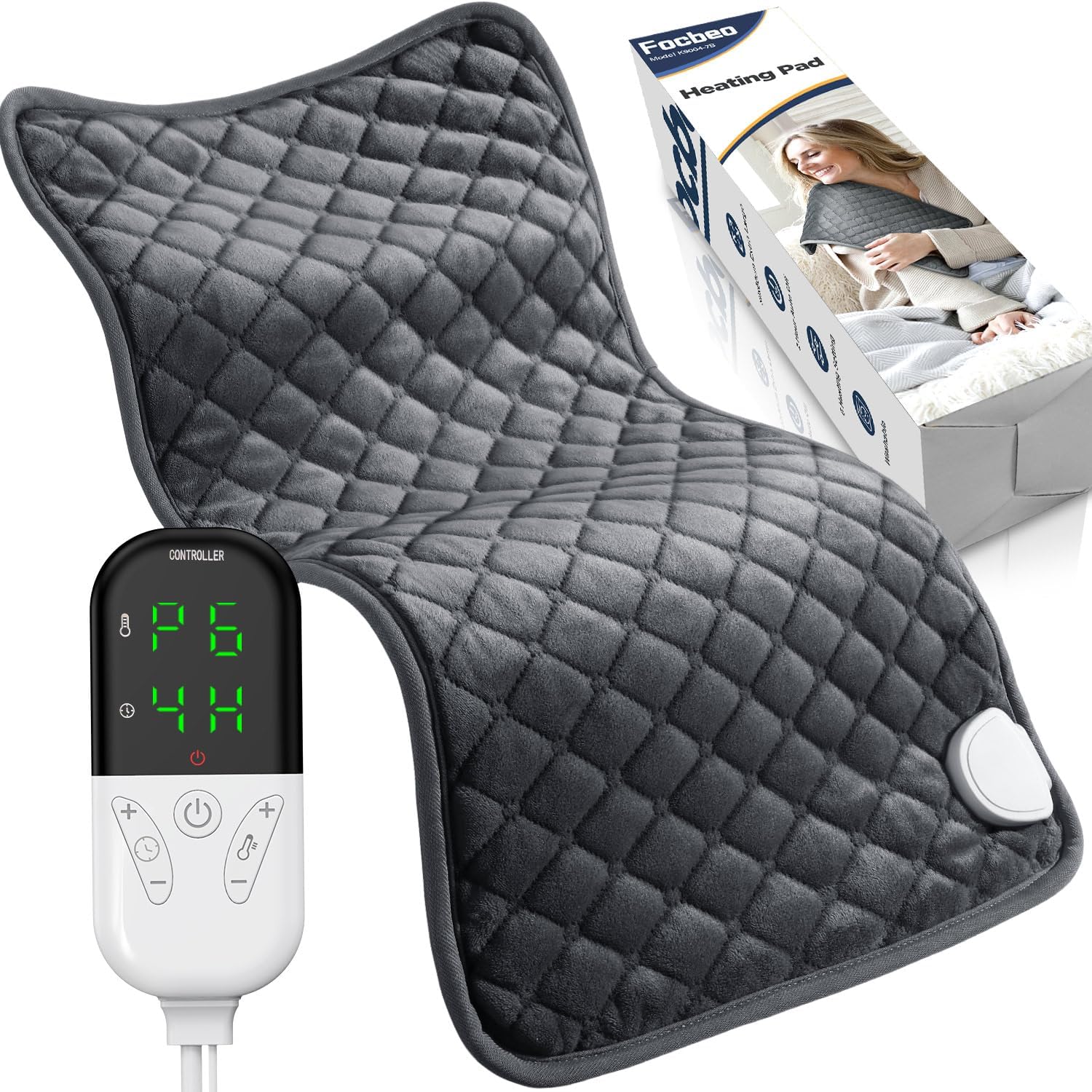 Almohadilla térmica para aliviar el dolor de espalda, almohadilla térmica eléctrica XL grande para calambres, cuello y hombro, controlador de