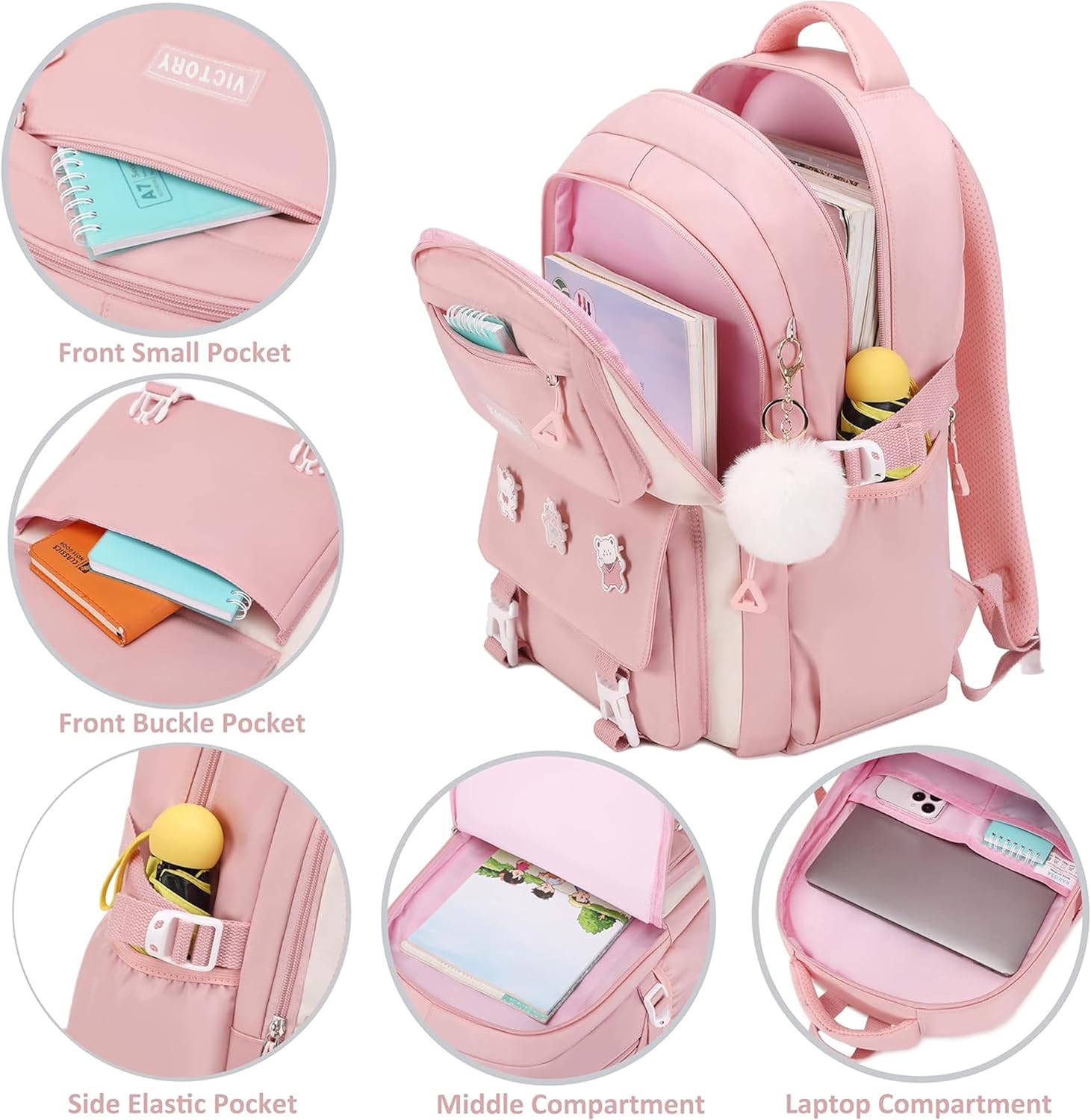 AO ALI VICTORY Mochila para mujeres y niñas, conjunto con estuche para lápices de 15.6 pulgadas, mochila escolar para computadora portátil, mochila