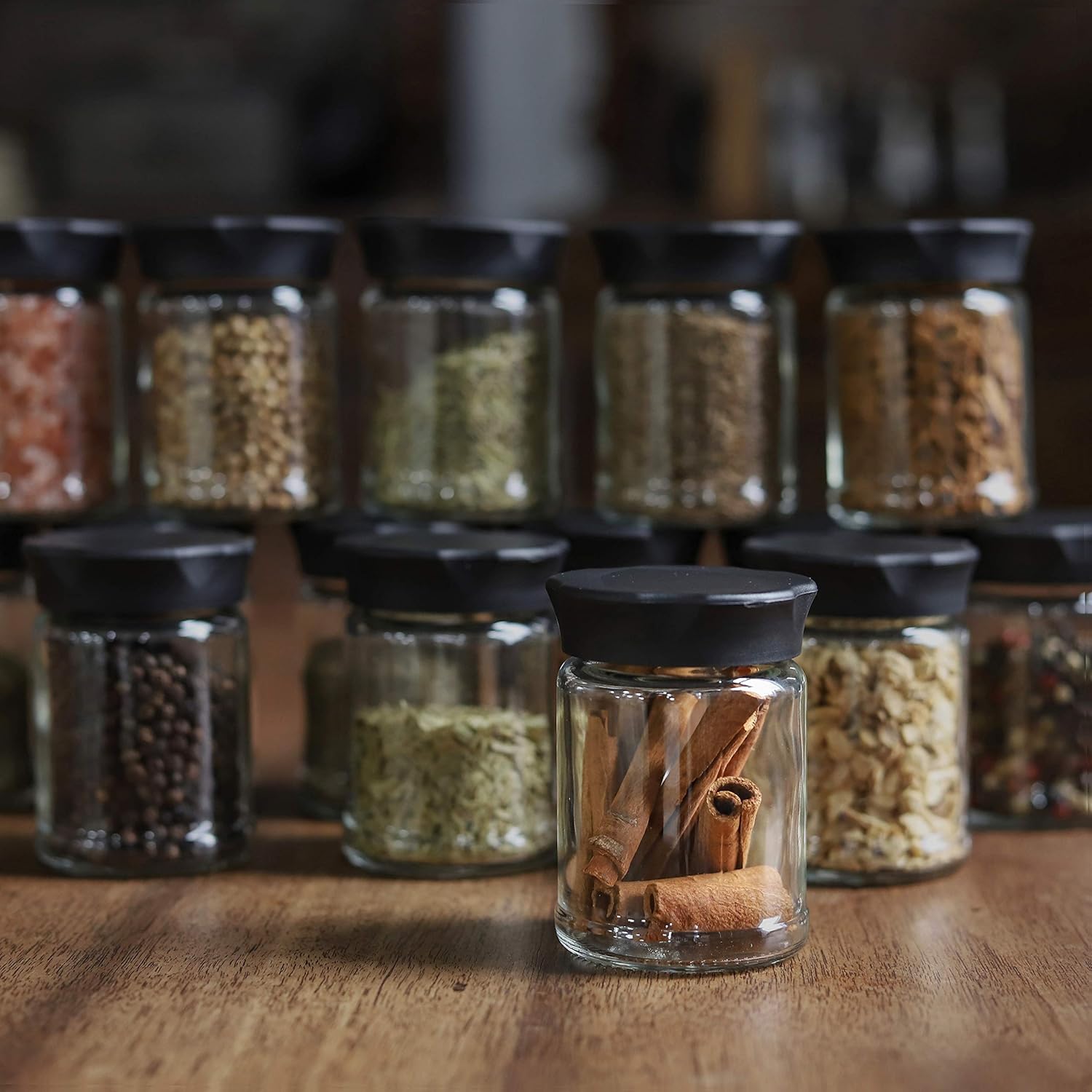 VEVOK CHEF Mini tarros de vidrio con tapas negras, 4 piezas de almacenamiento de alimentos, recipiente de cocina, recipiente pequeño para café, té,