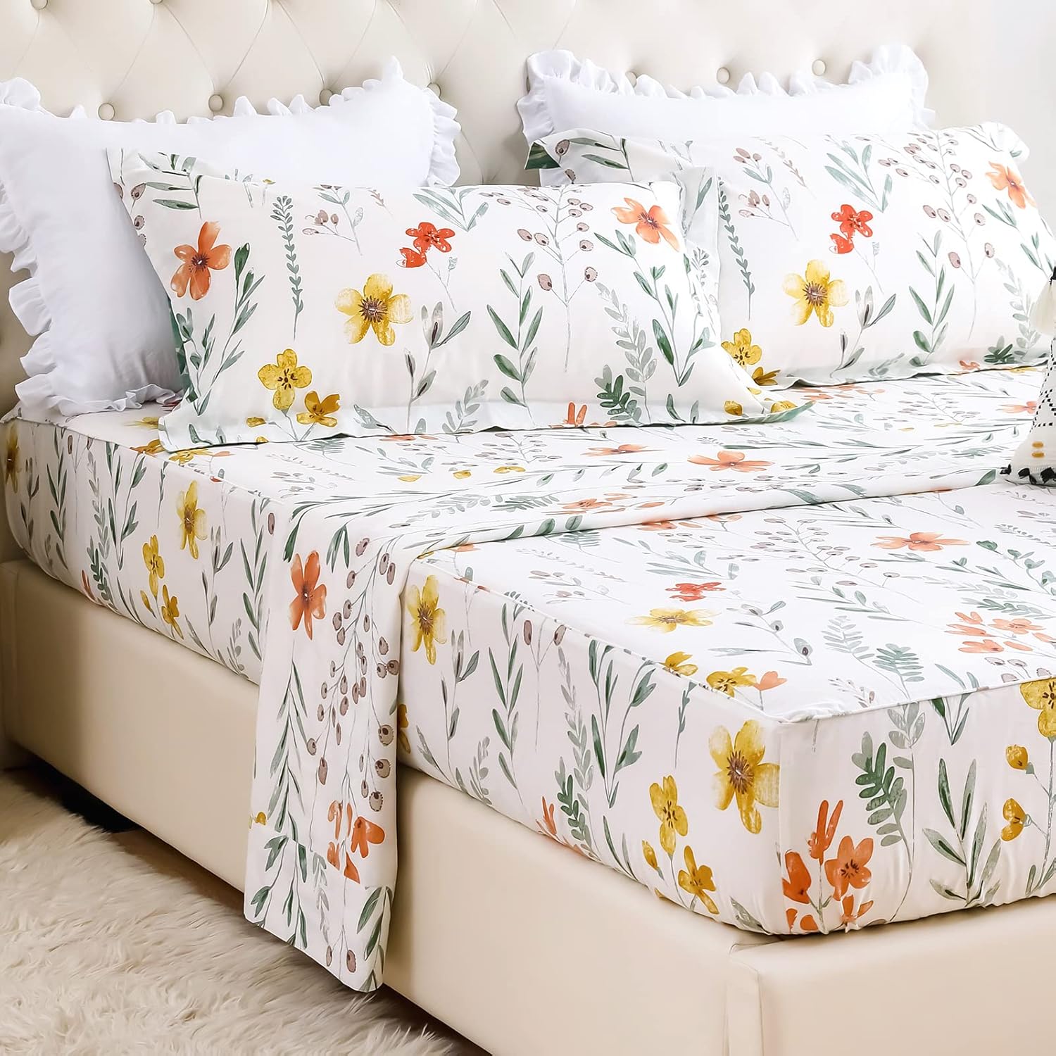 Lady Ann Sábanas florales 100% algodón para cama tamaño King, flores y plantas verdes, algodón botánico de lujo, estampado floral, sábana tamaño