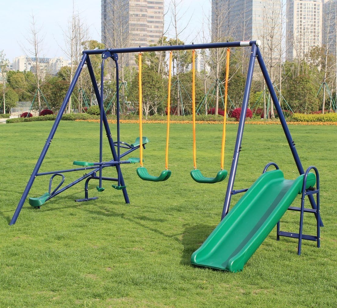 Juegos de columpios de metal para patio trasero con asientos de columpio, deslizador, Teeter-Totter y columpio deslizante, juego de columpios para