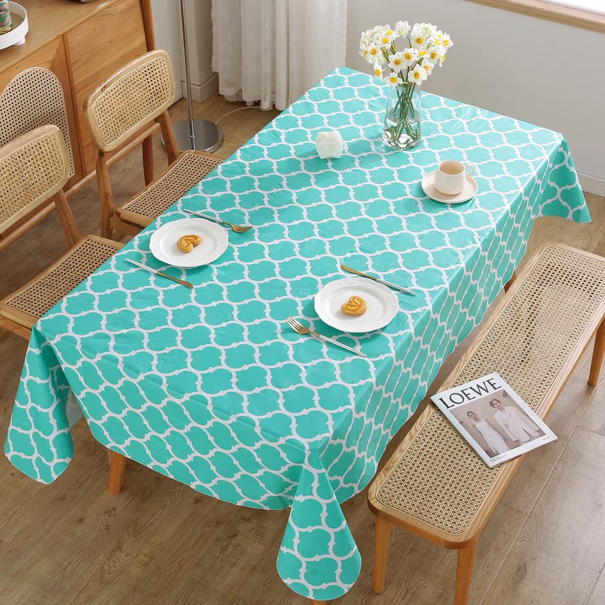 SASTYBALE Mantel rectangular de vinilo con reverso de franela, 100% impermeable y resistente al aceite, mantel de mesa resistente para mesa de