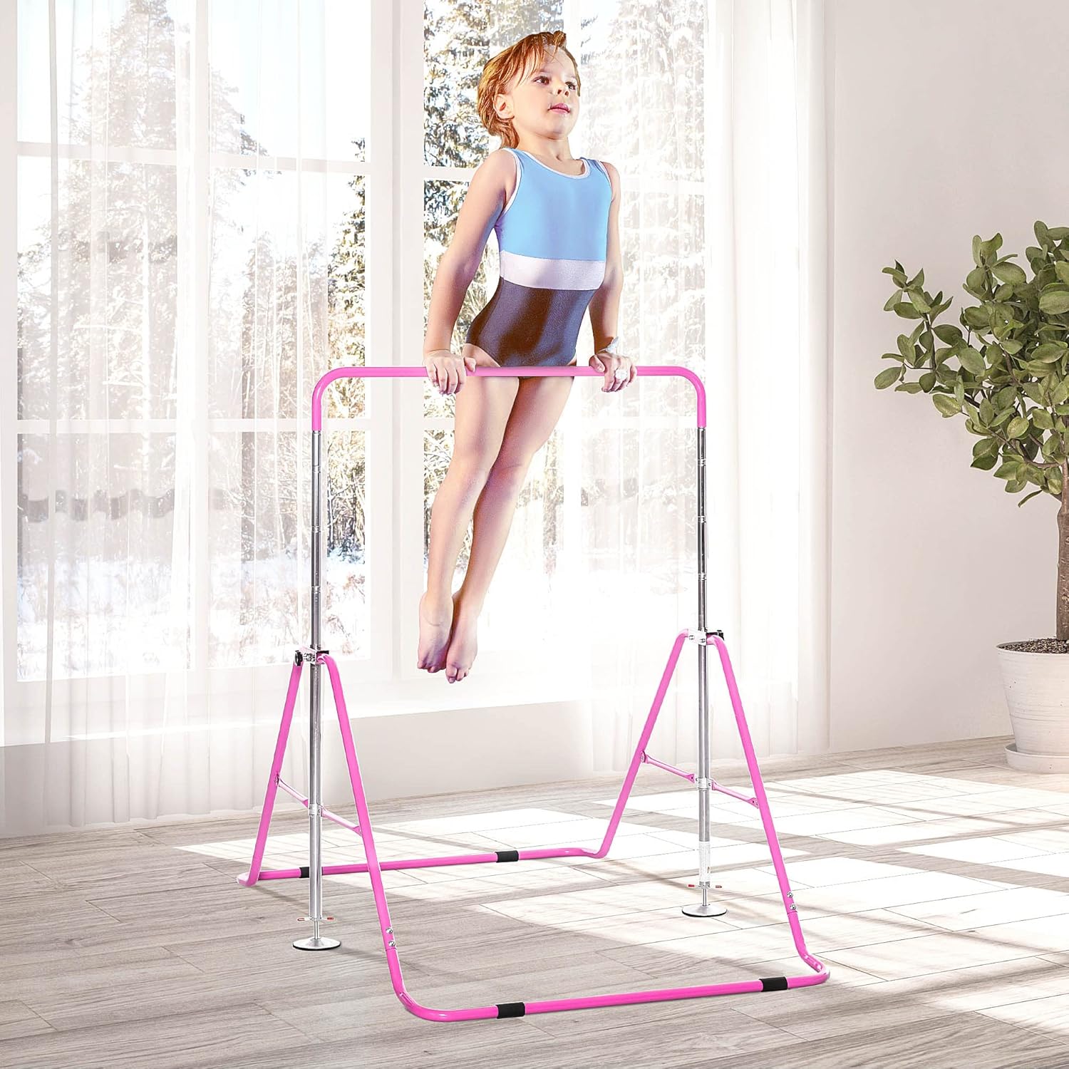 Qaba Barra de gimnasia plegable para niños con absorción de golpes, barra horizontal de gimnasia ajustable, barra de gimnasia para uso doméstico,