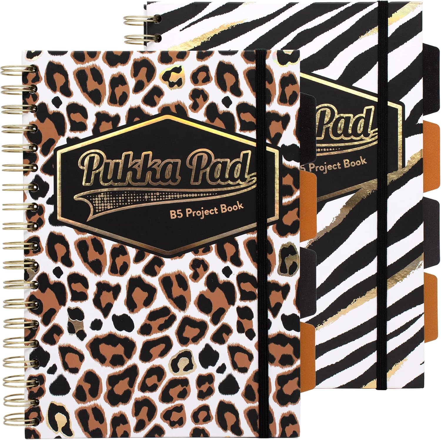 Pukka Pad, Wild B5 – Libros de proyectos de tapa dura, paquete de 2 cuadernos encuadernados con diseño de cebra y leopardo, incluye 4 divisores