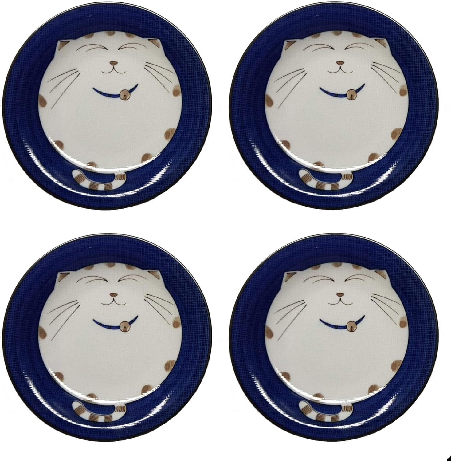 JapanBargain Juego de 4 platos redondos japoneses de porcelana para aperitivos de postre, pastel, aperitivos, Maneki Neko, diseño de gato sonriente