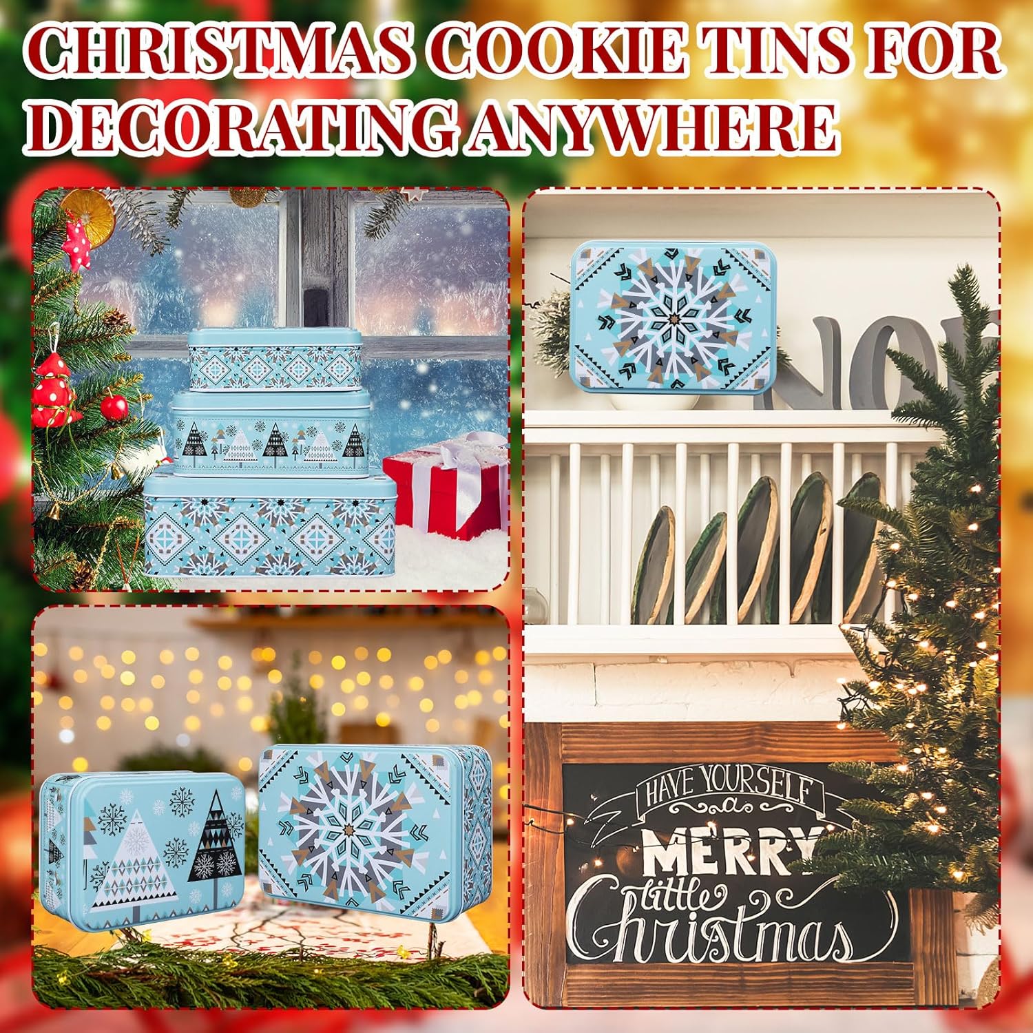 6 latas de galletas de Navidad con tapas para regalar, latas de metal para galletas, recipientes de lata grandes, medianos y pequeños, recipientes