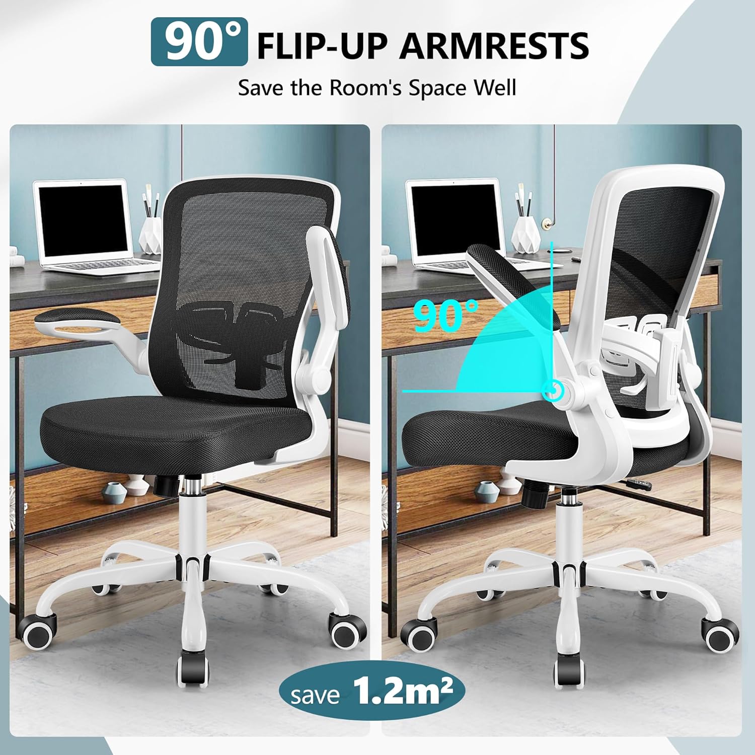 MINLOVE Silla de oficina ergonómica con soporte lumbar ajustable y altura, reposabrazos abatibles de 90, sillas de escritorio Ergo con ruedas, silla