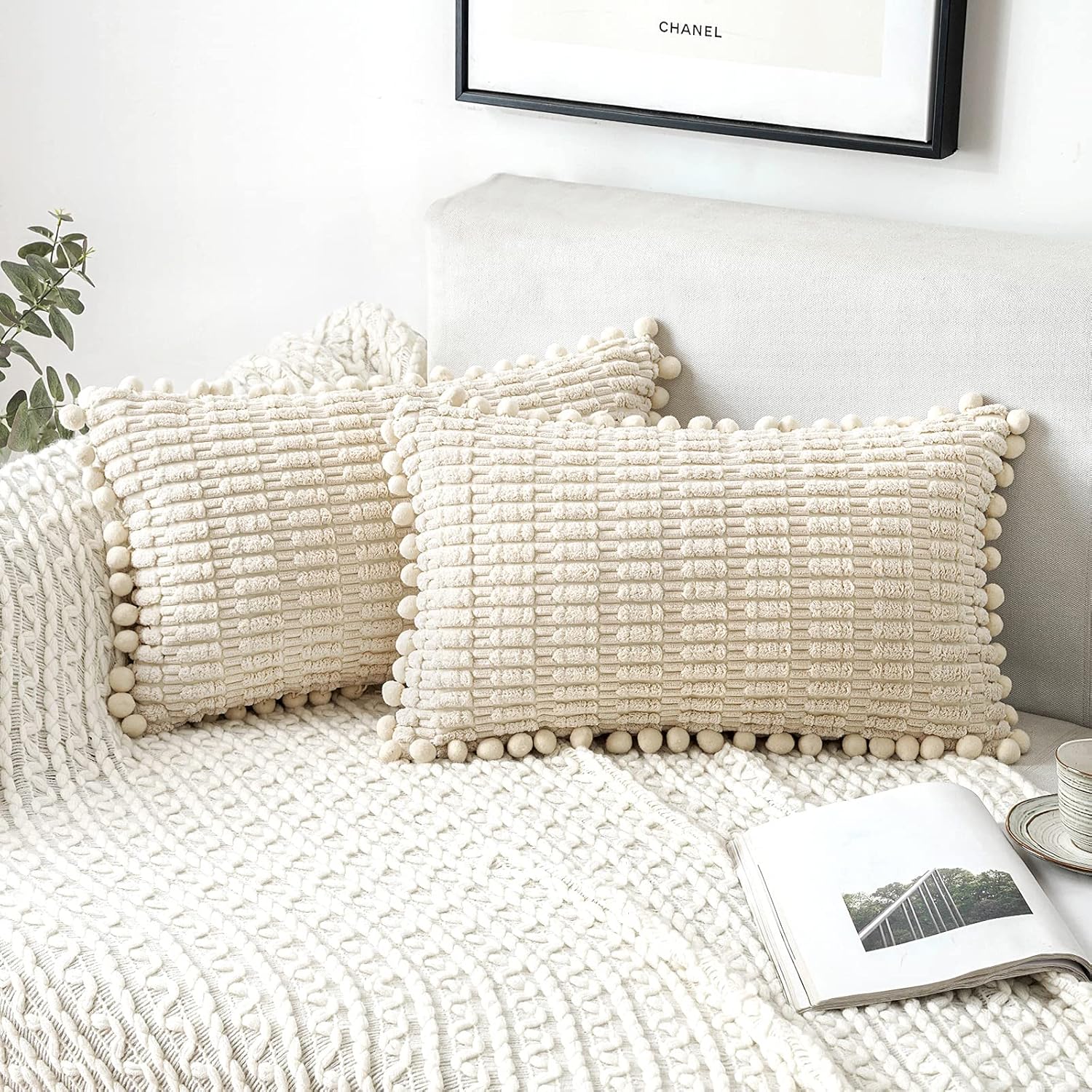 MIULEE Juego de 2 fundas de almohada decorativas de pana blanca crema, con pompones, suaves, bohemias, a rayas, decoración moderna para el hogar,