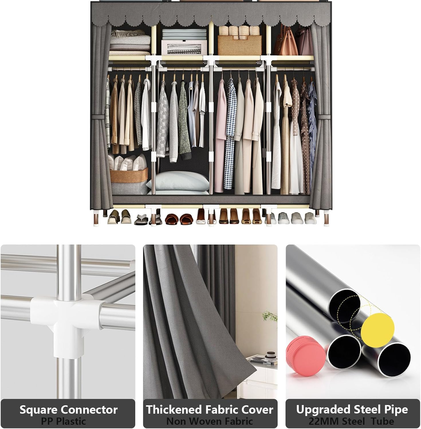 LEAIJIAFY Armario portátil grande para dormitorio, armario organizador de ropa, armario de Amories simple con cubierta de tela no tejida gris, tubo