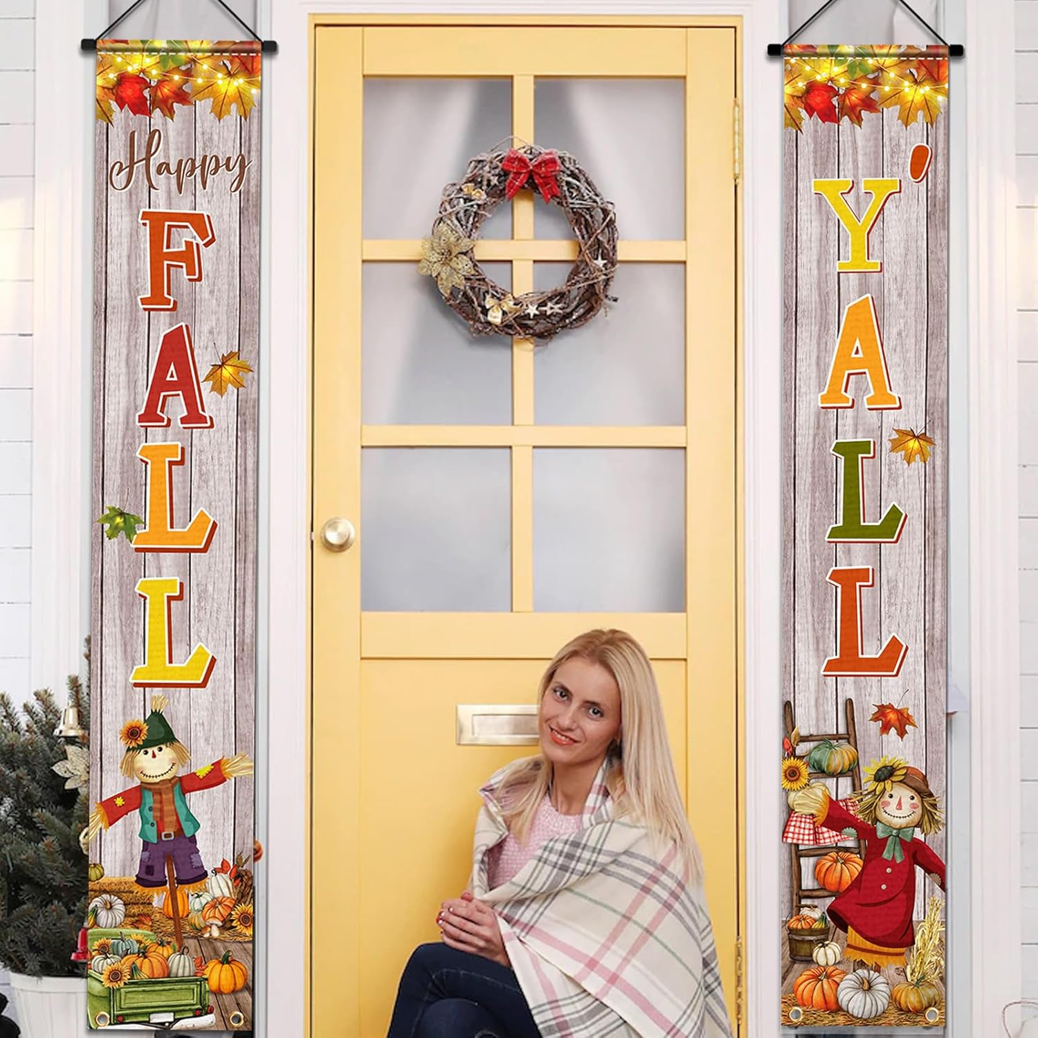 Cartel colgante de Acción de Gracias para el porche con texto en inglés “Happy Fall Y’all”, decoración de fiesta, espantapájaros, calabaza, cosecha