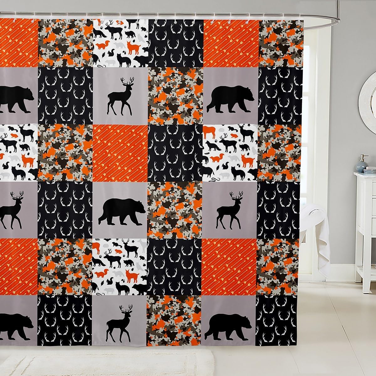 Cortinas de ducha con cuernos de ciervo y camuflaje, decoración del hogar, diseño de oso de ciervo, flechas y caza, tela con estampado de cuadrícula