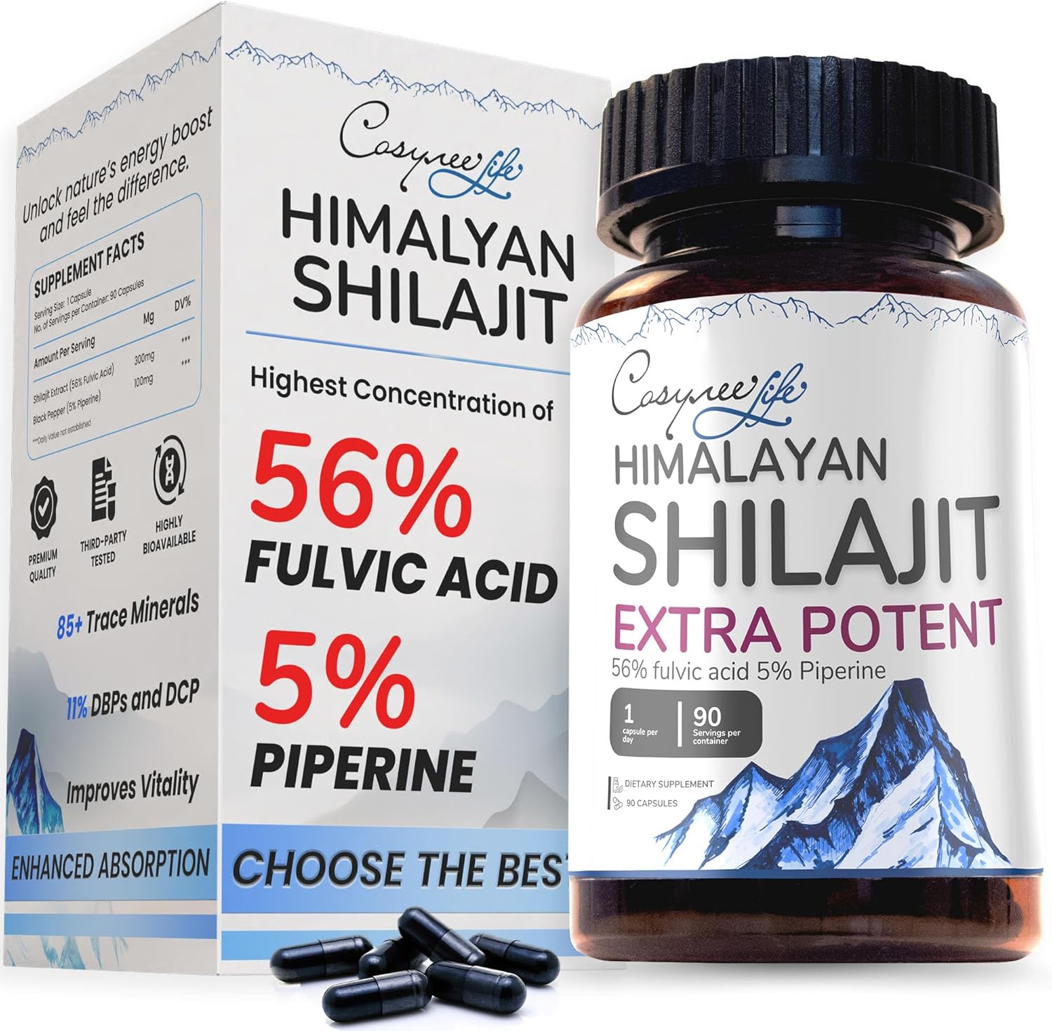 SHILAJIT – Himalaya puro, natural, orgánico, 90 unidades, 5% piperina, 56% ácido FULVIC para máxima potencia, más de 85 oligominerales, metabolismo,
