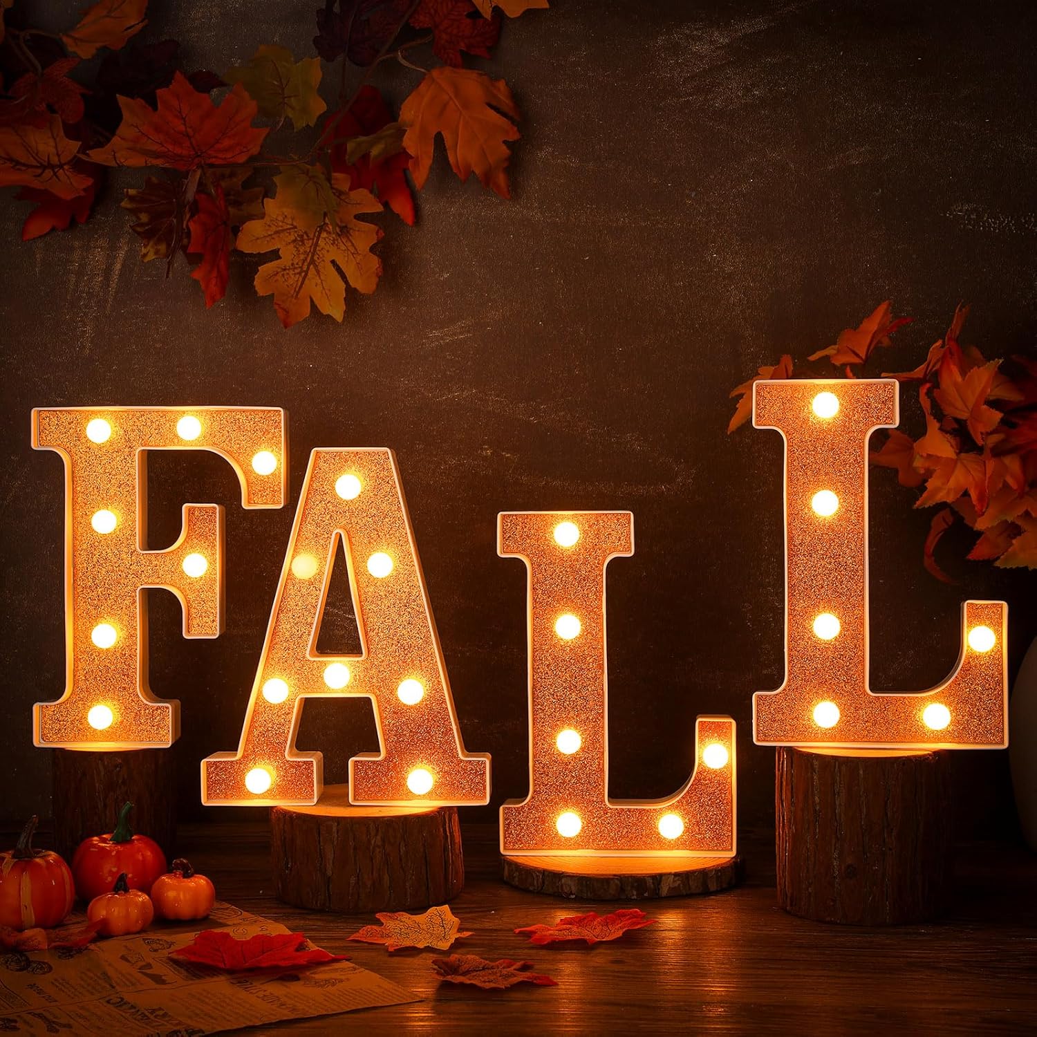 4 piezas de decoración de otoño de Acción de Gracias con purpurina naranja iluminada, letras LED de marquesina de otoño, decoración de luces de