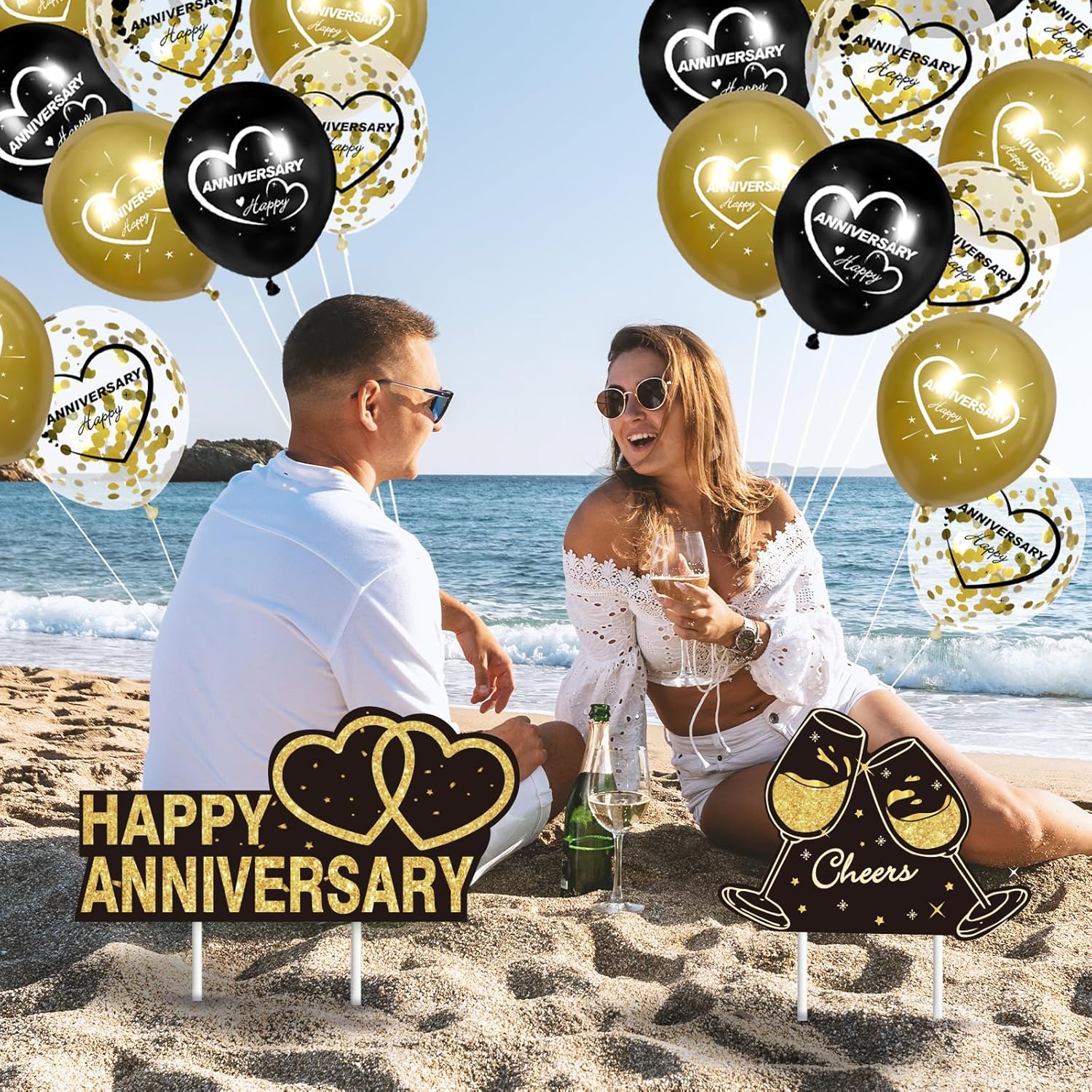 Letrero de feliz aniversario de boda para patio, 6 letreros dorados y negros con estacas y 18 globos de látex de feliz aniversario para hombres