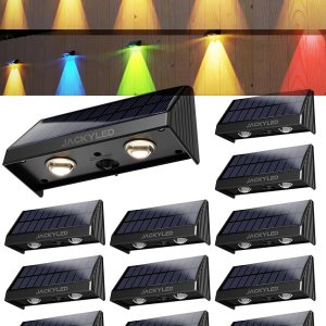 JACKYLED Luces solares para valla de 50 lm, luces solares de valla RGB blancas cálidas para exteriores, impermeables, con lente LED, luces de JACKYLED Luces solares para valla de 50 lm, luces solares de valla RGB blancas cálidas para exteriores, impermeables, con lente LED, luces de
