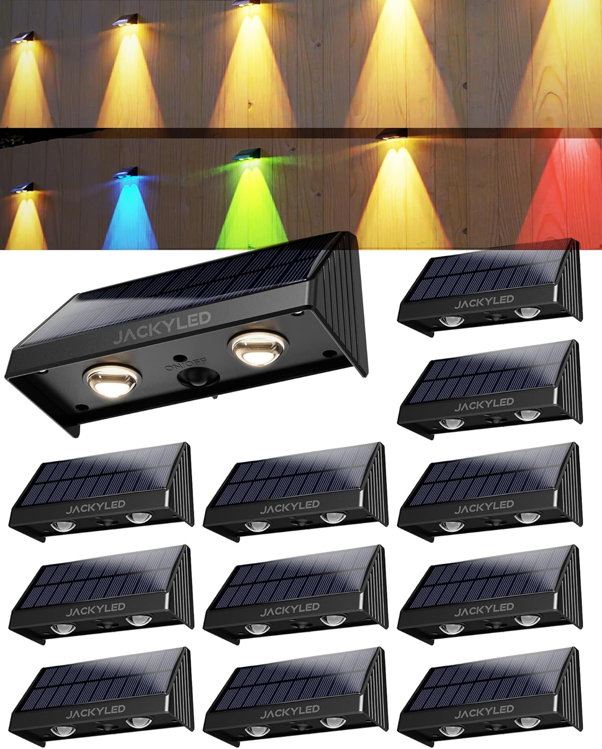 JACKYLED Luces solares para valla de 50 lm, luces solares de valla RGB blancas cálidas para exteriores, impermeables, con lente LED, luces de