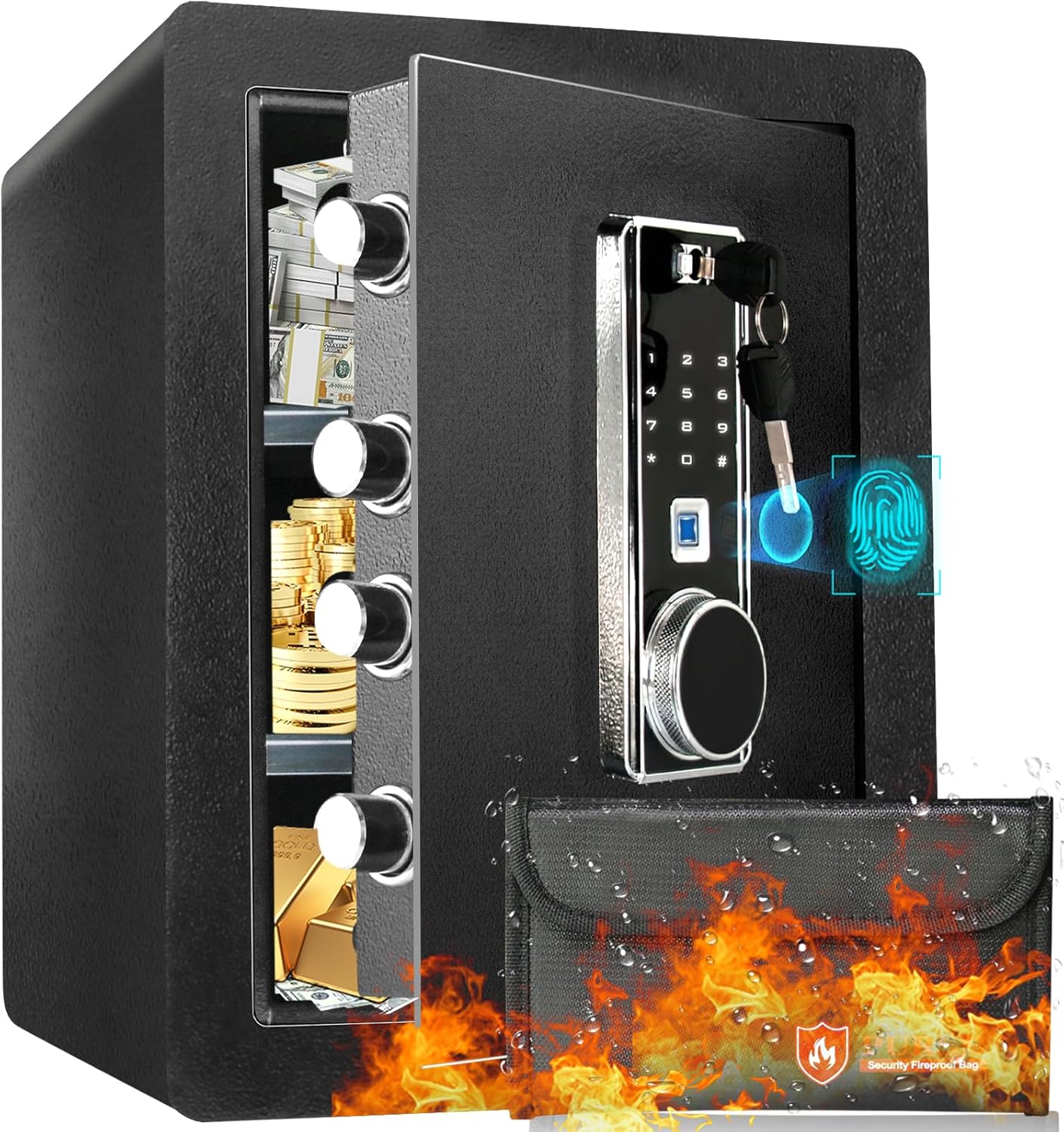 Caja de seguridad ignífuga de 2 cubos, caja de gabinete con huella digital, caja de seguridad para el hogar con teclado electrónico táctil, caja