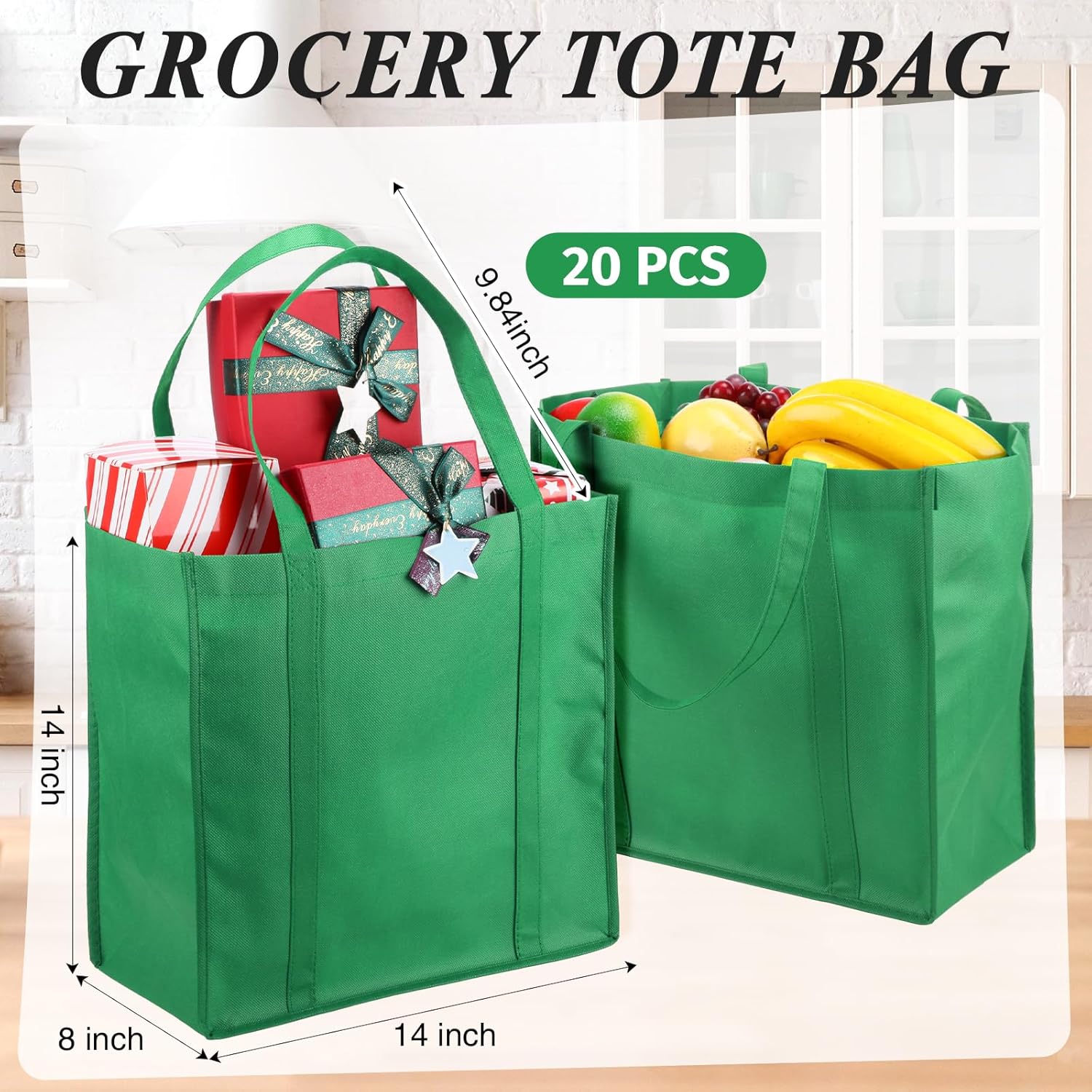 20 bolsas de comestibles reutilizables con asas reforzadas, bolsas de compras grandes y resistentes, bolsas de Navidad