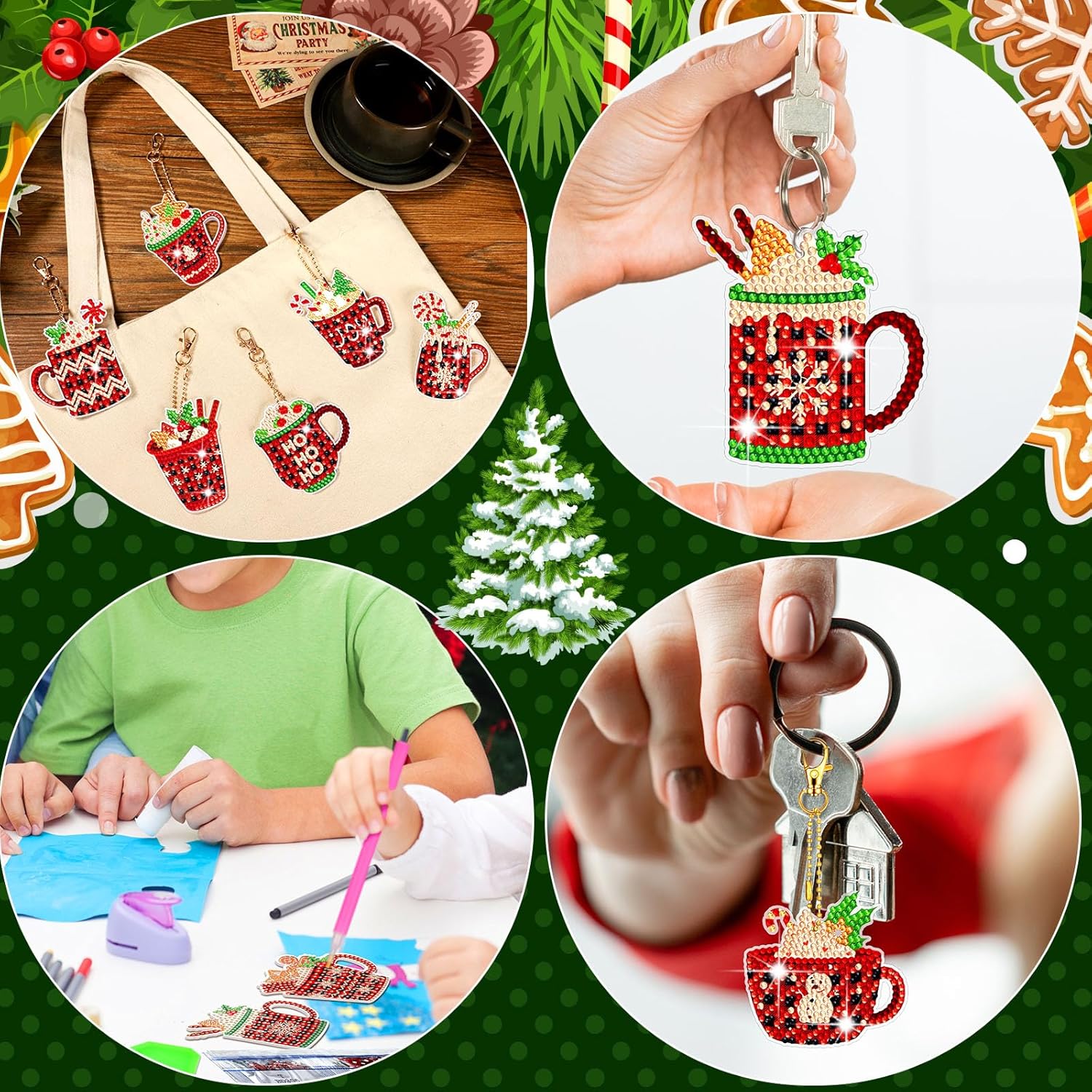 15 piezas de llavero de pintura de diamante de Navidad adornos de pintura de diamante 5D DIY llavero de pintura de diamante caliente cacao caliente