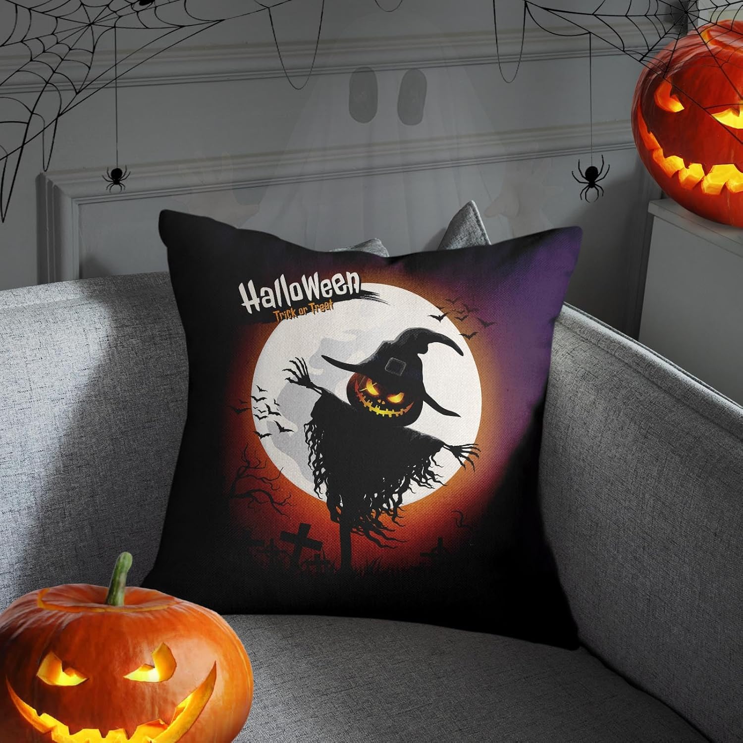 Arttown Juego de 2 fundas de almohada cuadradas de lino de 18 x 18 pulgadas, diseño de calabaza, luna, otoño, búho, decoración del hogar y almohadas