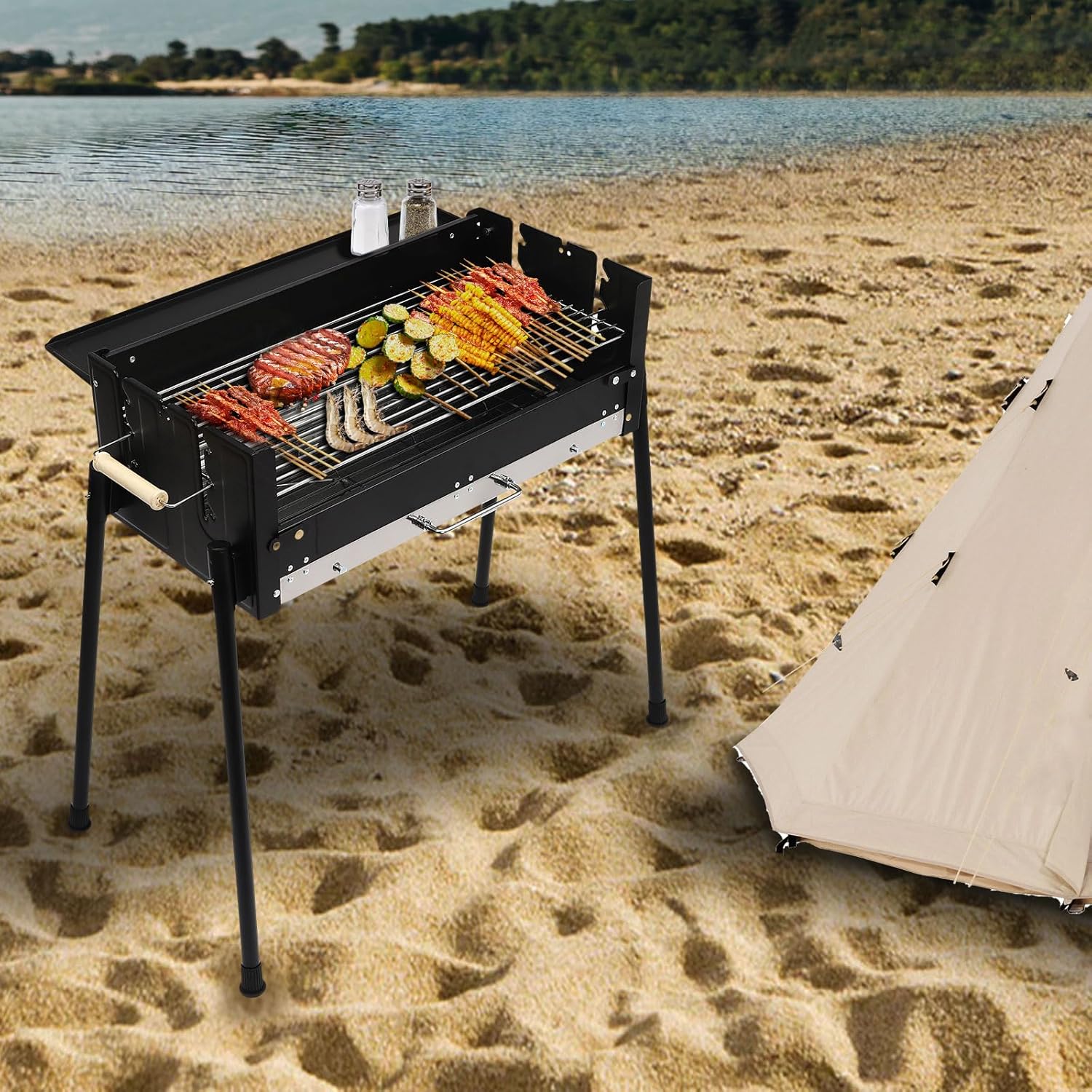 Parrilla de carbón para barbacoa, de acero inoxidable, plegable, portátil, kits de herramientas para barbacoa al aire libre, camping, senderismo,