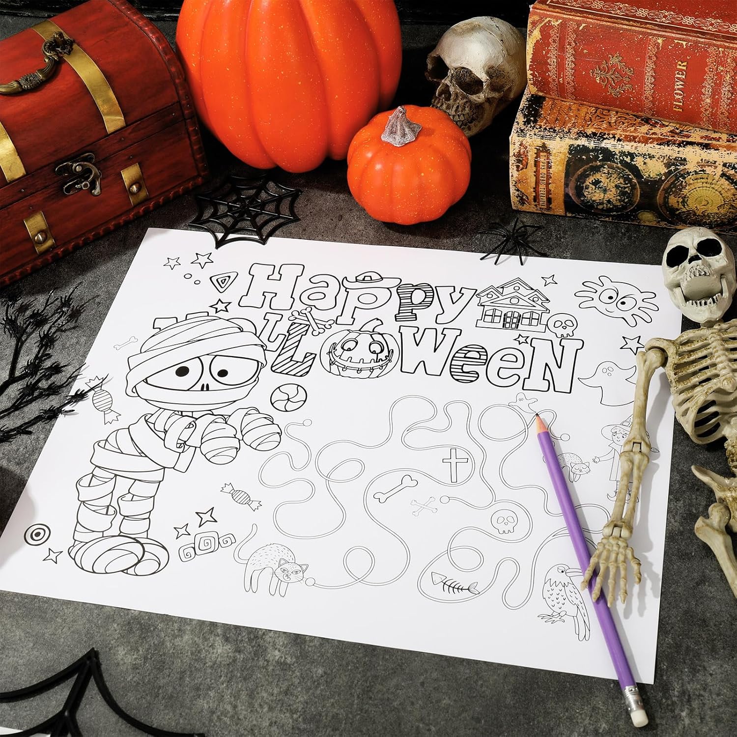 AnyDesign – 30 manteles individuales de papel de Halloween de 5 estilos para colorear de 11 x 14 pulgadas, tapete de comedor desechable para