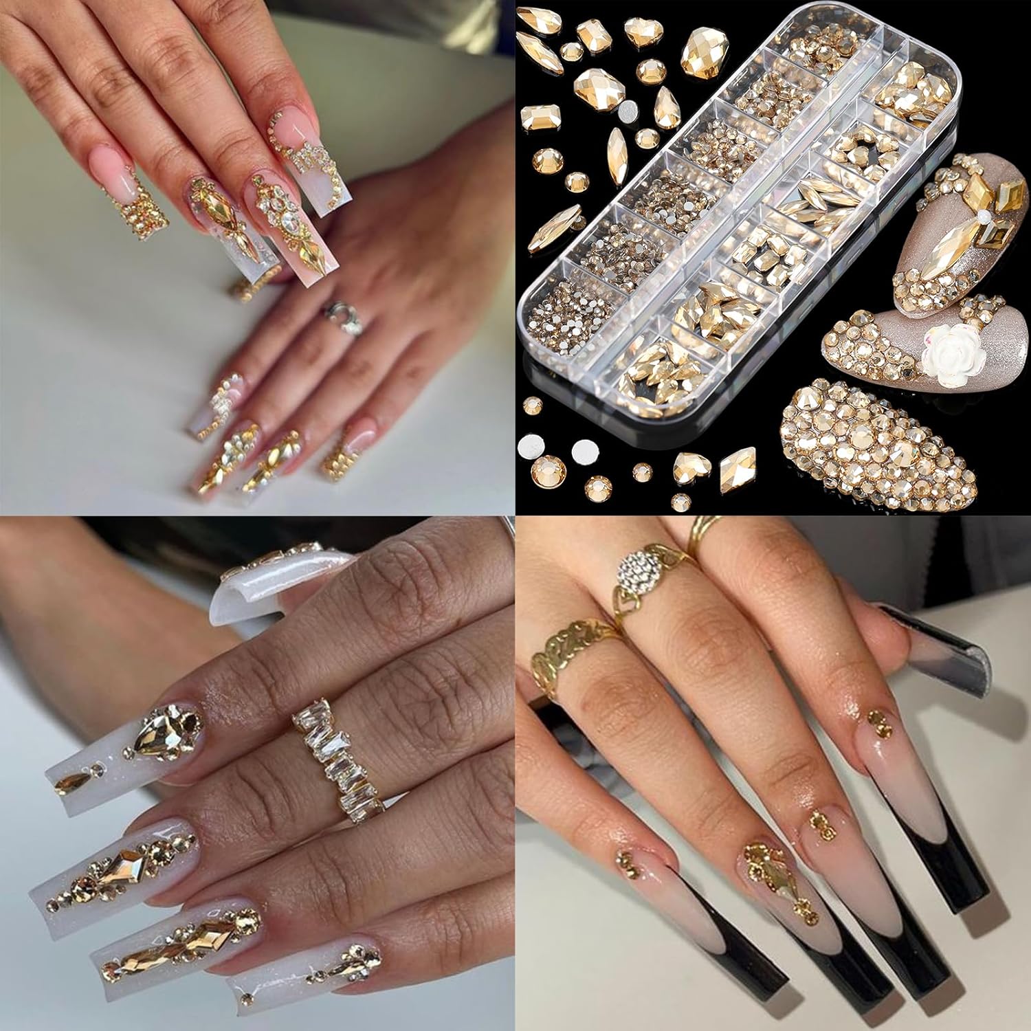 VOTACOS Diamantes de imitación para arte de uñas, diamantes de imitación de parte trasera plana, dijes de uñas dorados, múltiples formas,