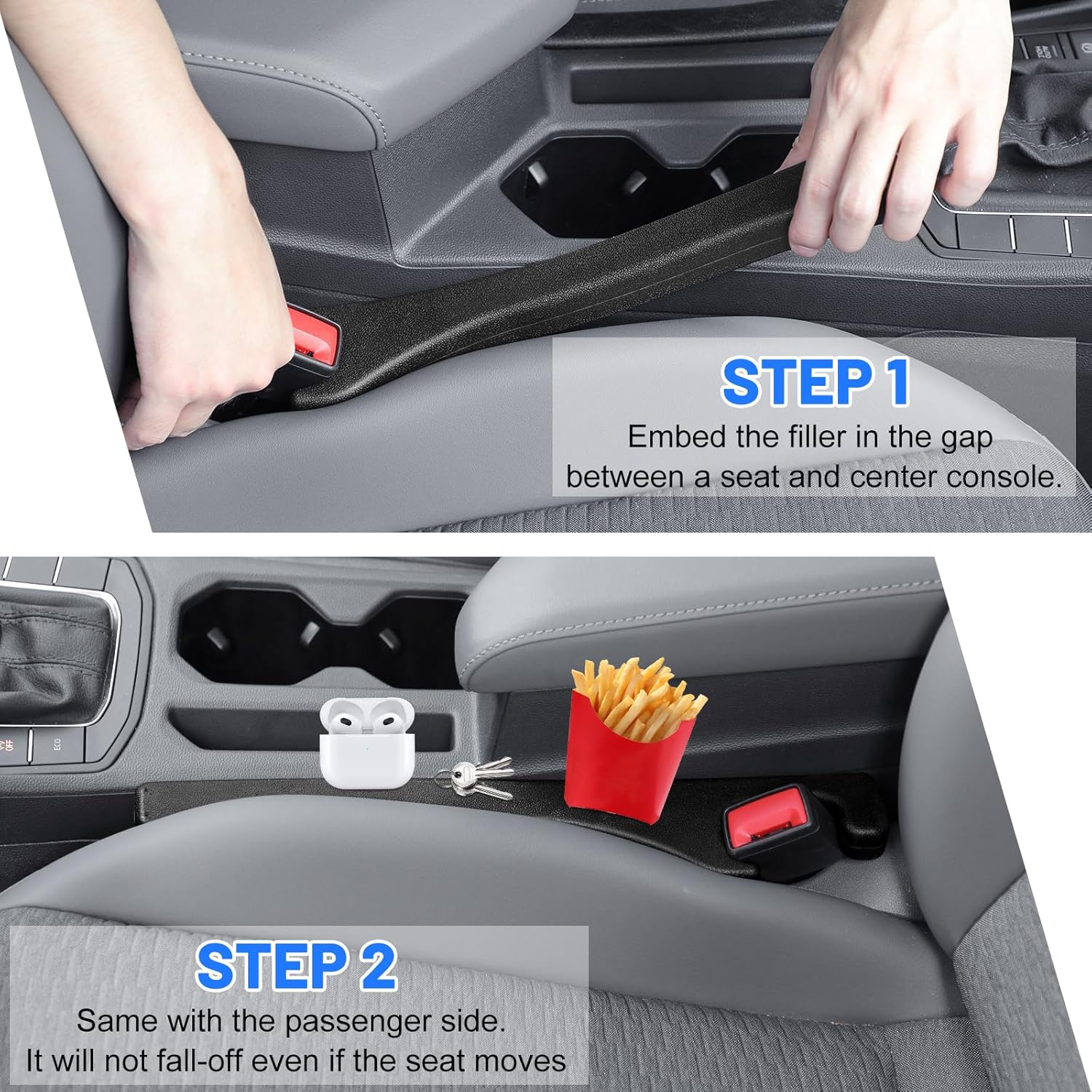 QUUREN Paquete de 2 rellenos de huecos para asiento de automóvil con agujeros para cinturón de seguridad, organizador de espacio para asiento de
