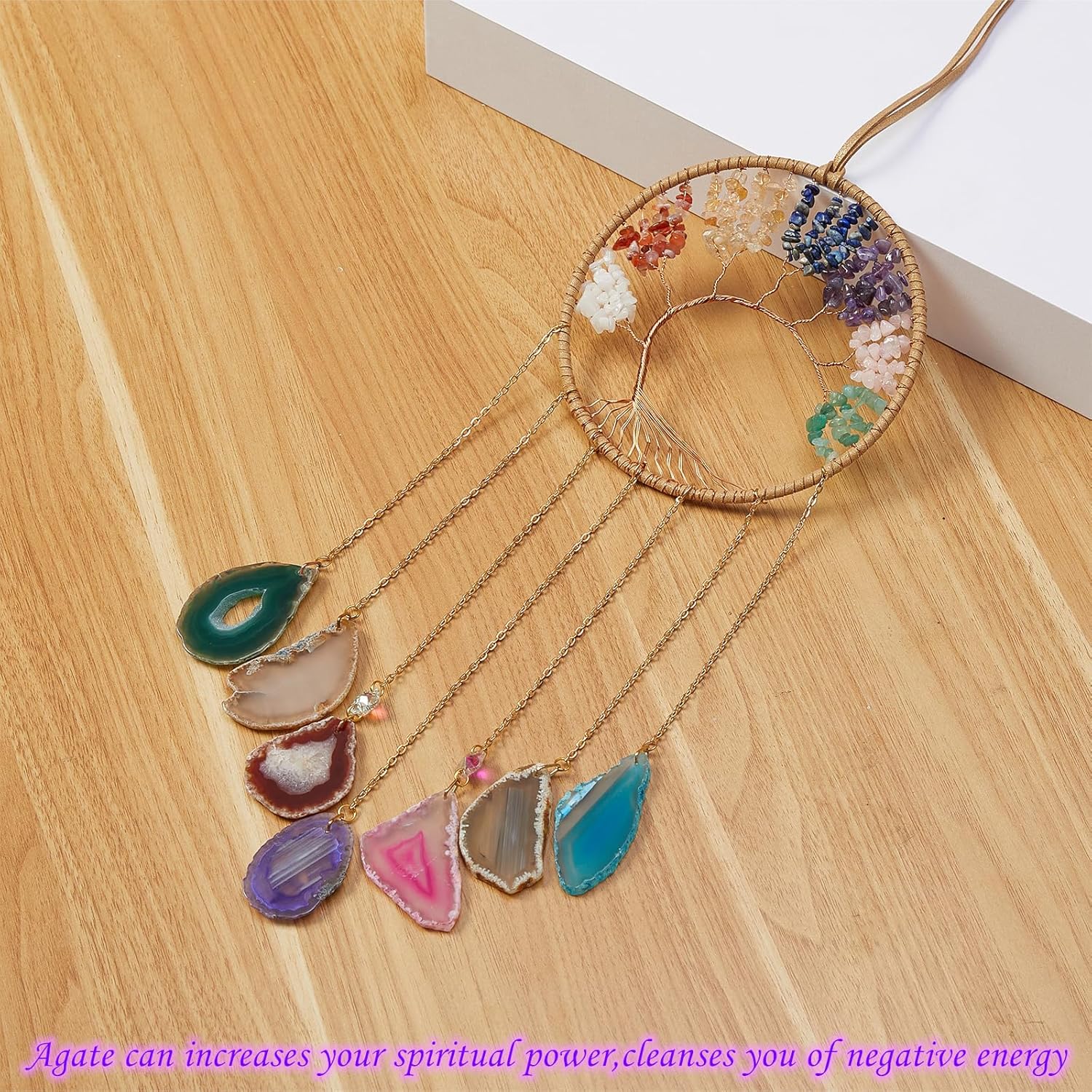 Atrapasueños de 7 ágata arcoíris con 7 chakras, árbol de la vida, atrapasueños con piedras de cristal curativo, decoración de pared hecha a mano