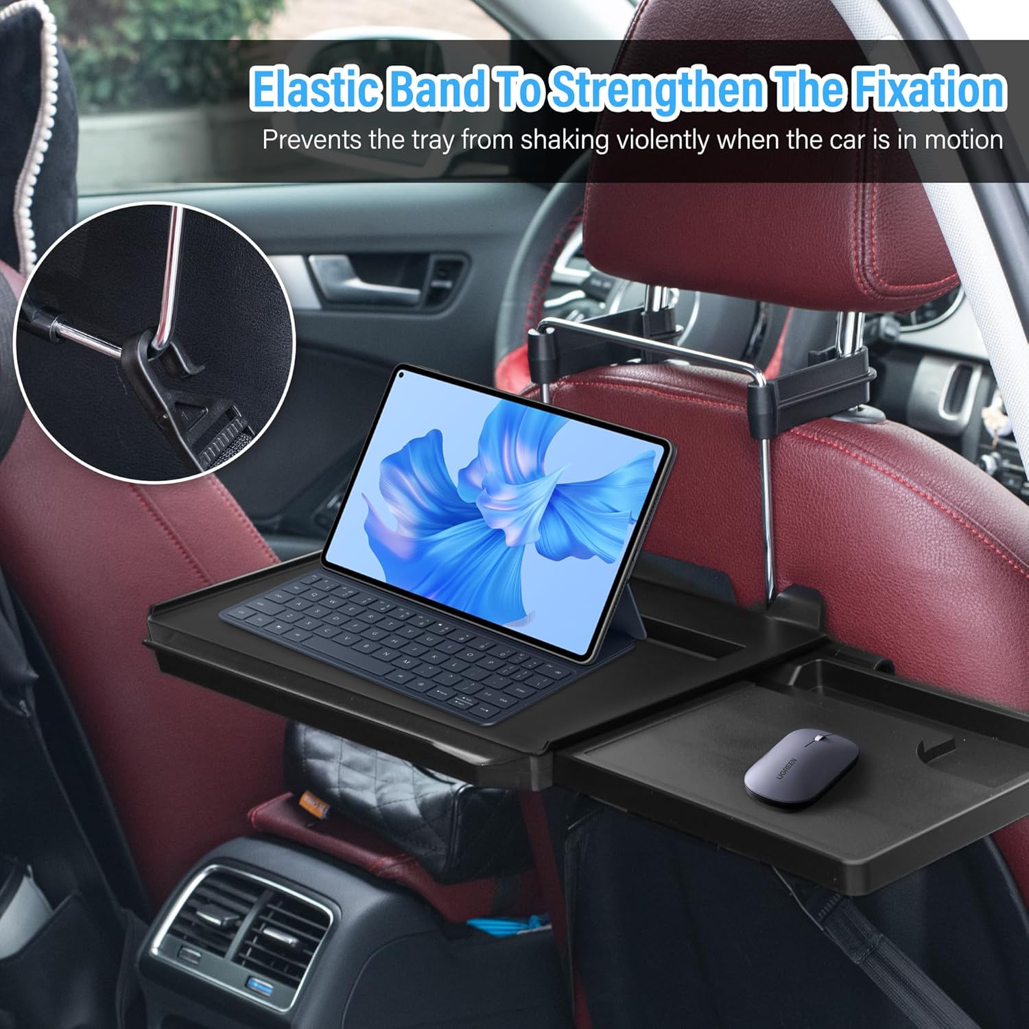 VarCozy Bandeja plegable para volante de automóvil, bandeja plegable para reposacabezas trasero con bandeja expandible y ranura para tazas de
