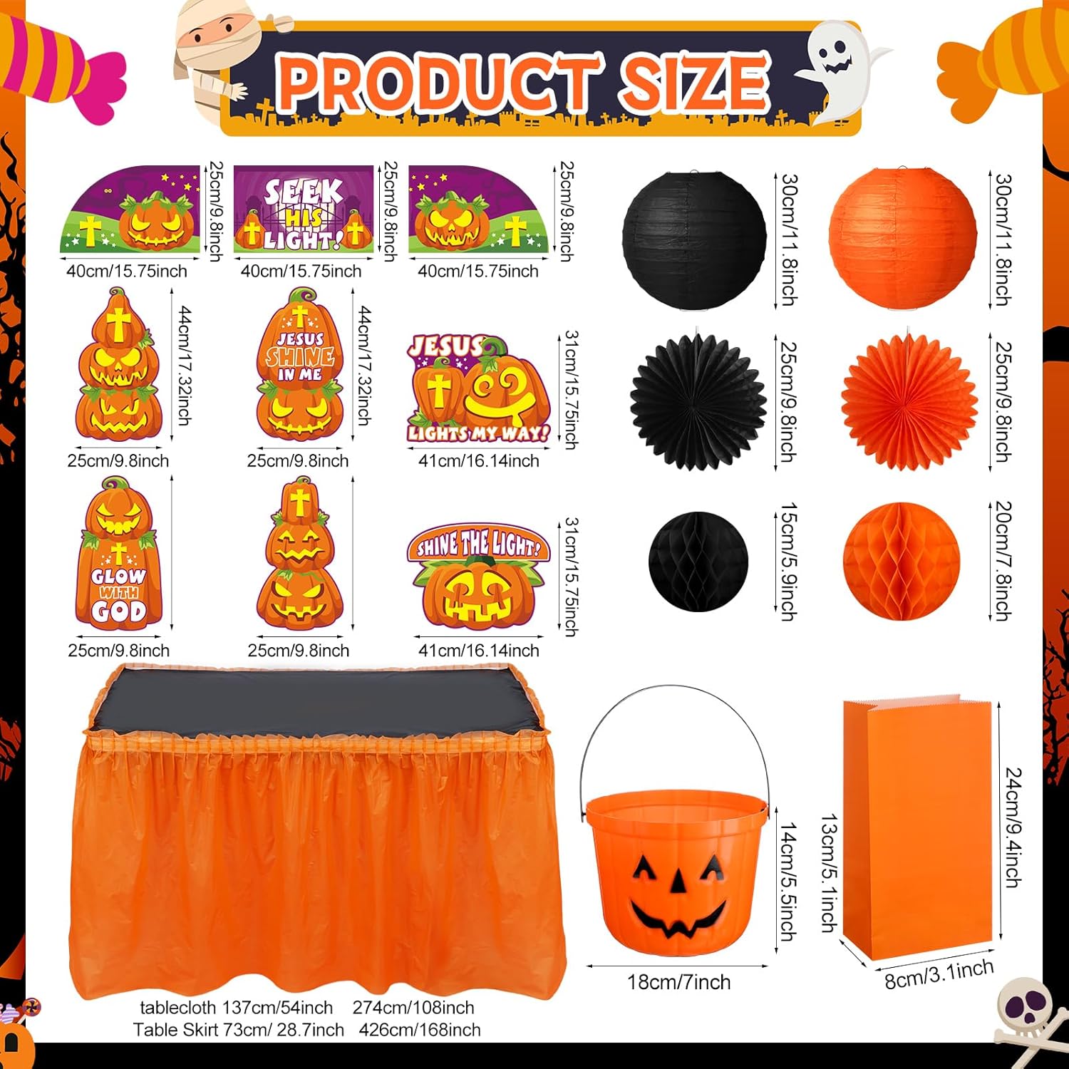 Juego de 29 piezas de decoración de maletero o regalo de Halloween con temática religiosa para auto, borde cristiano, cubeta de calabaza, bolsa de