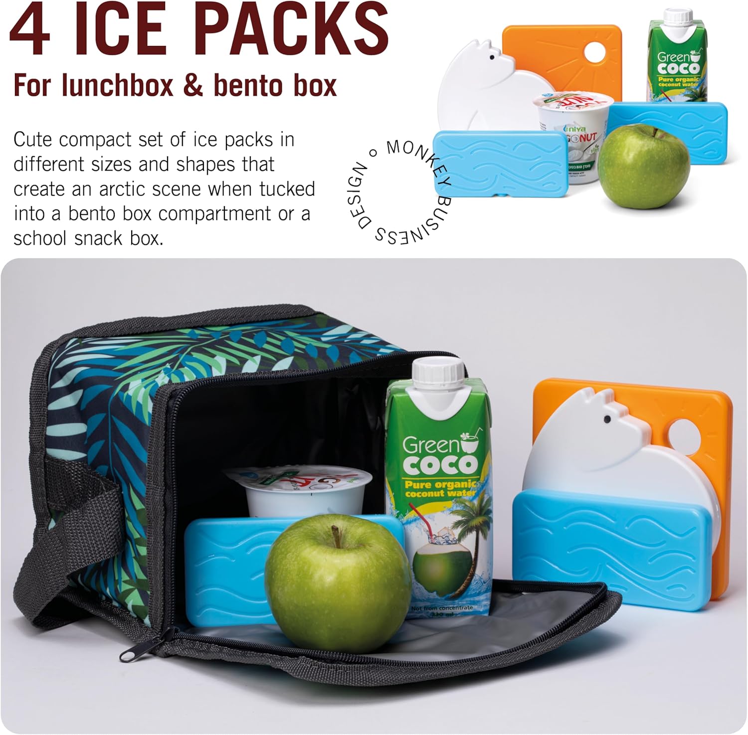 Monkey Business Back To Cool – Juego de bolsas de hielo, 4 bolsas de hielo reutilizables para loncheras y bolsas enfriadoras, colorida bolsa de