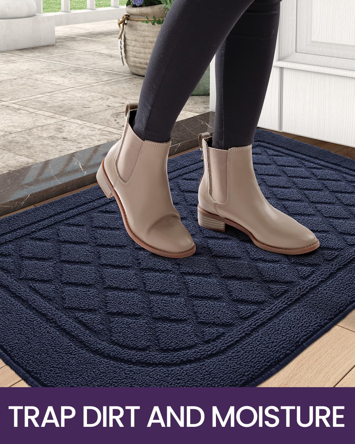 DEXI Tapete para puerta de interior, de perfil bajo, antideslizante, lavable, medio redondo, para entrada, cocina, 24 x 36 pulgadas, color azul