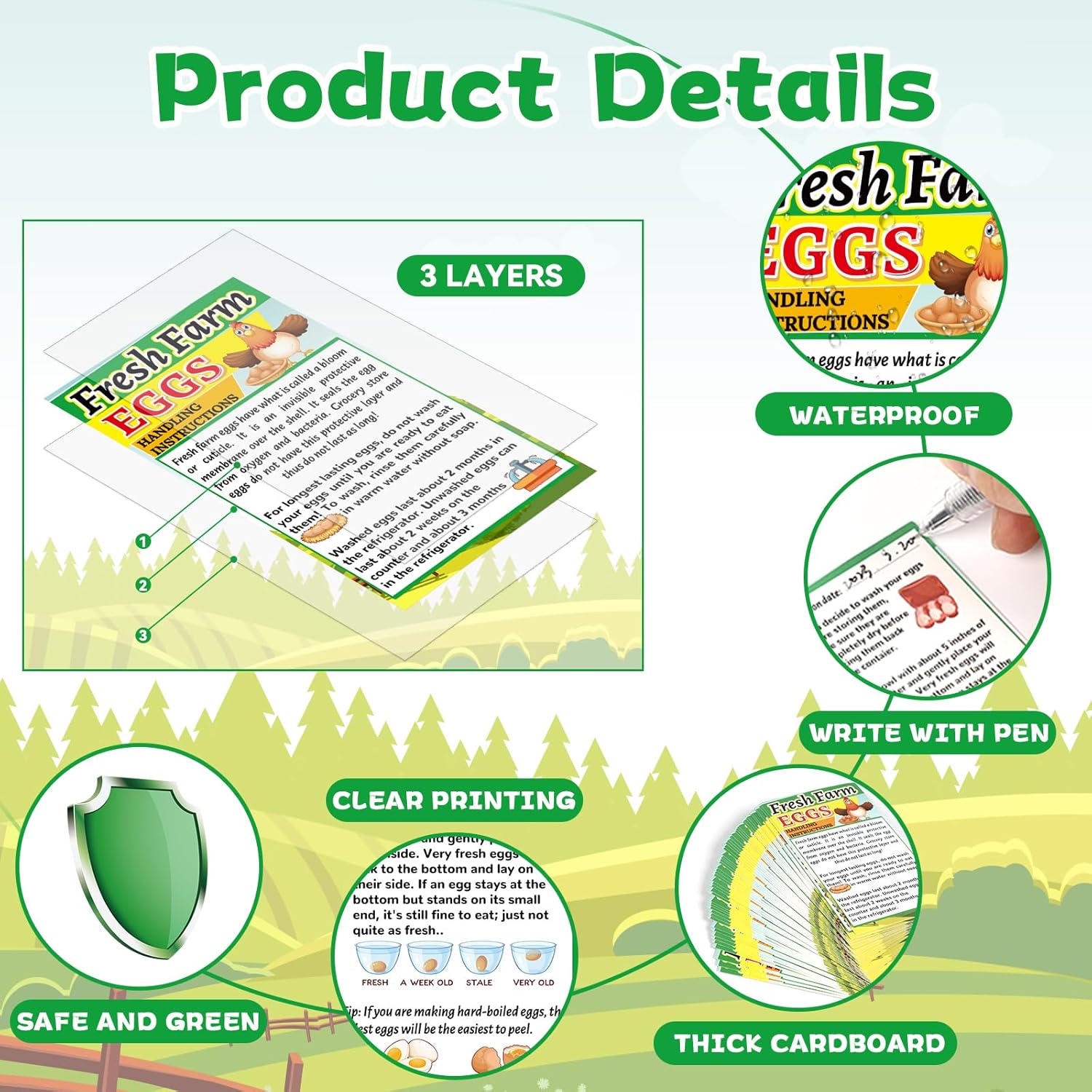 250 unidades de instrucciones de manejo de huevos frescos de granja de 2 x 3.5 pulgadas, tarjetas de visita, sellos de huevos, tarjetas de
