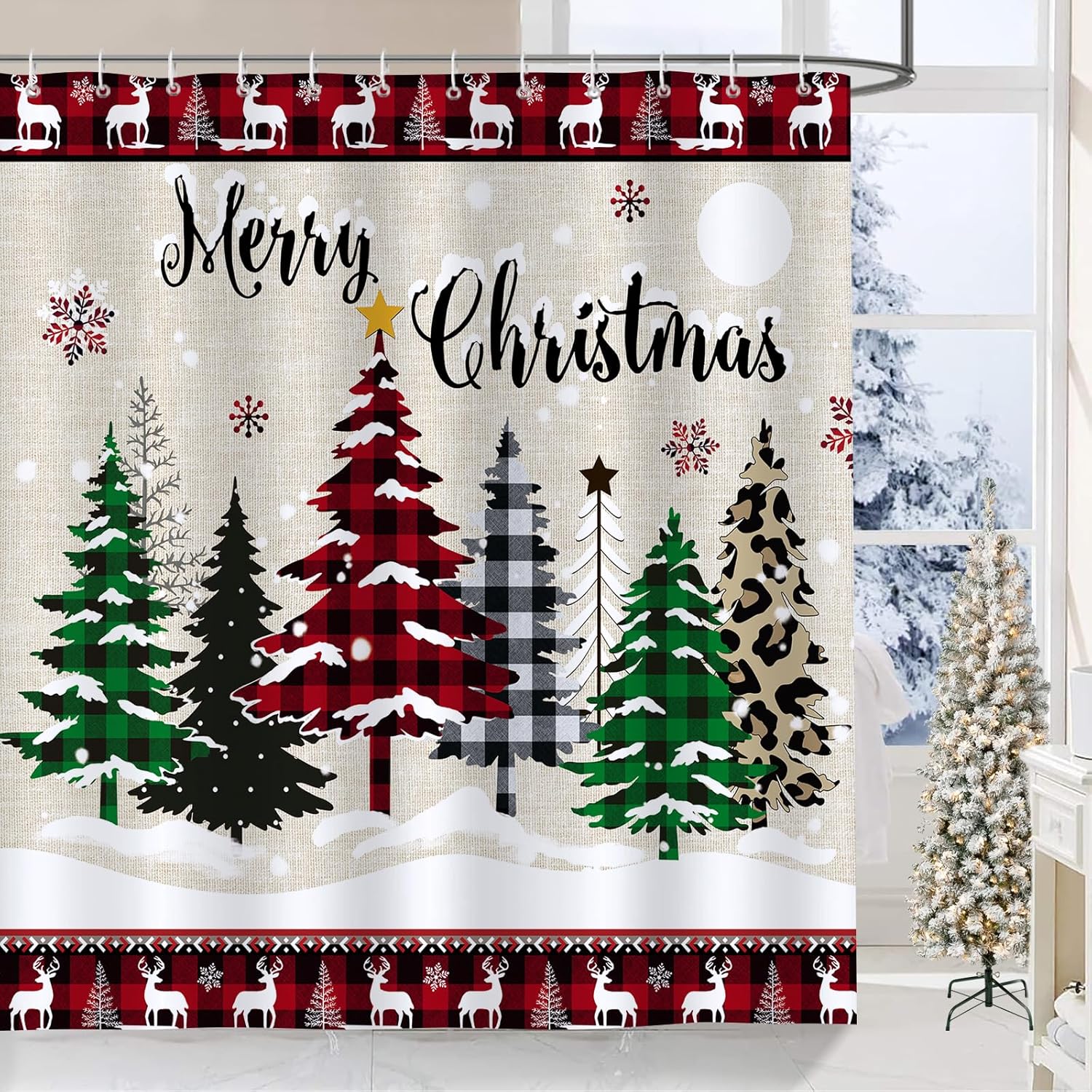 Bonhause Cortina de ducha con diseño de árbol de Navidad, diseño de copos de nieve de invierno, cortina de baño decorativa de 72 x 72 pulgadas, tela