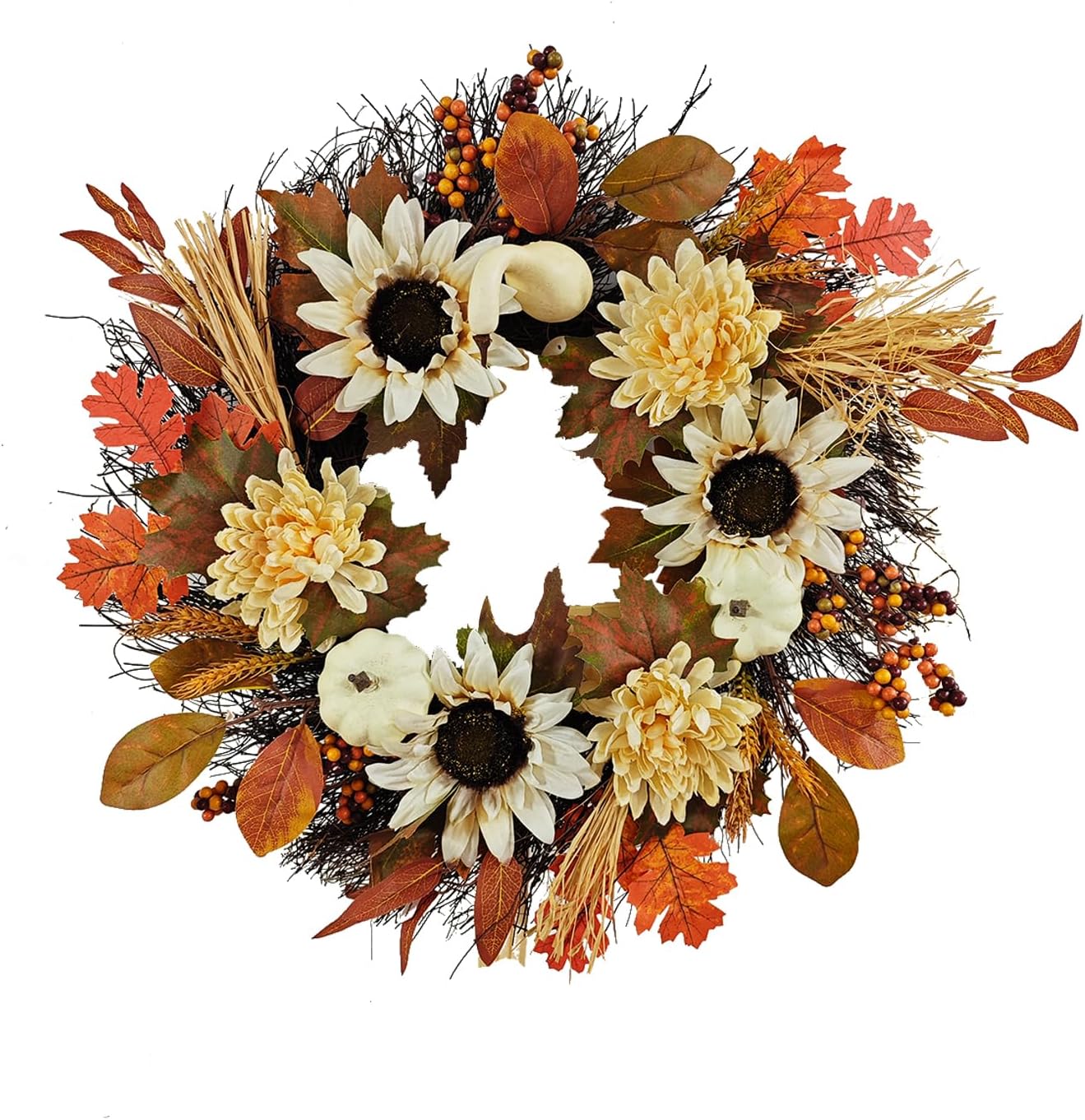 Coronas de otoño, hojas de arce, calabaza, girasol, corona de girasol, cosecha de Acción de Gracias, Halloween, hogar, exterior, ventana, decoración