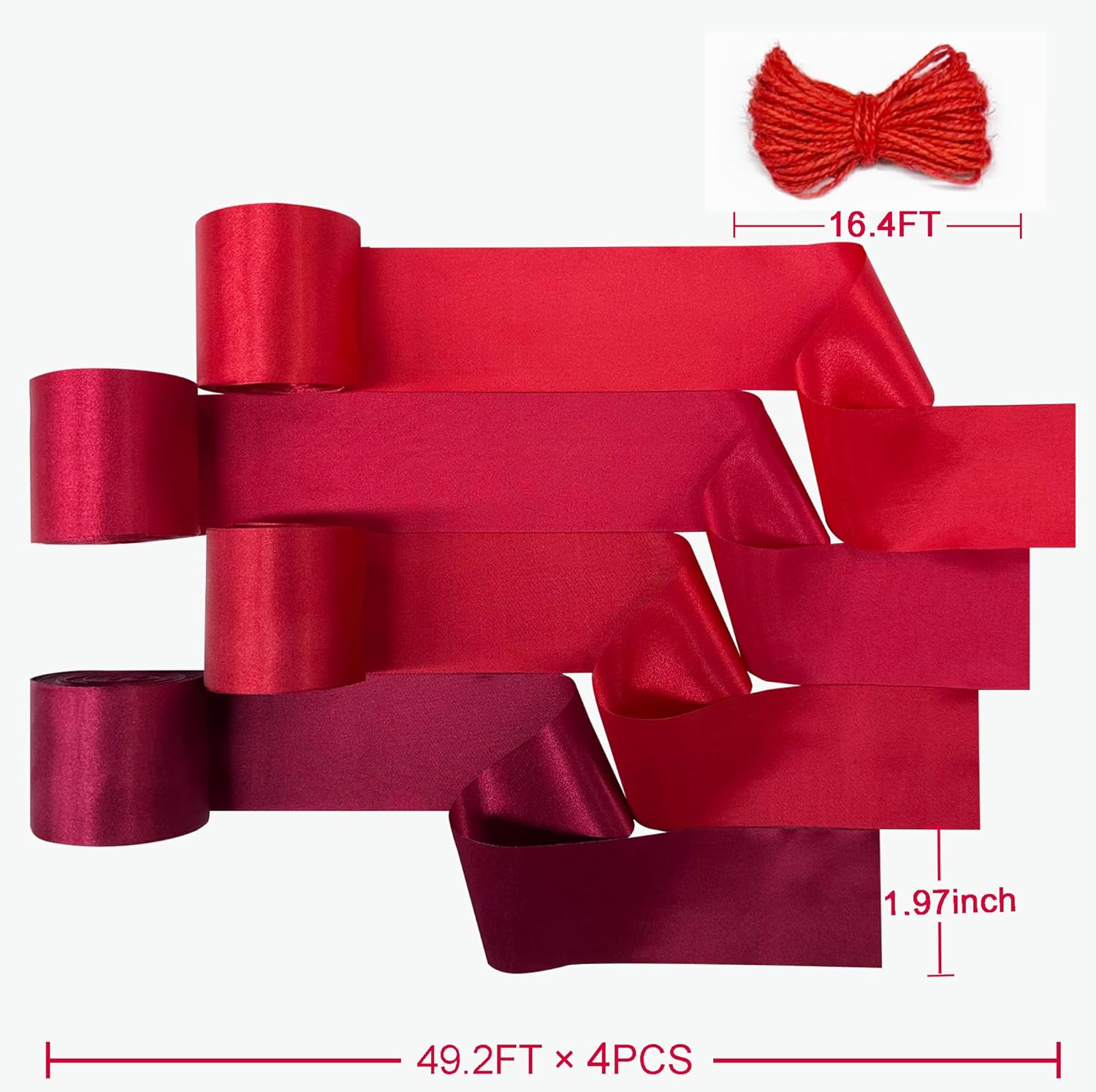 Cinta de satén roja de 65.6 yardas x 1.97 pulgadas de ancho para manualidades, envoltura de regalos, flecos, telón de fondo colgante, guirnalda de