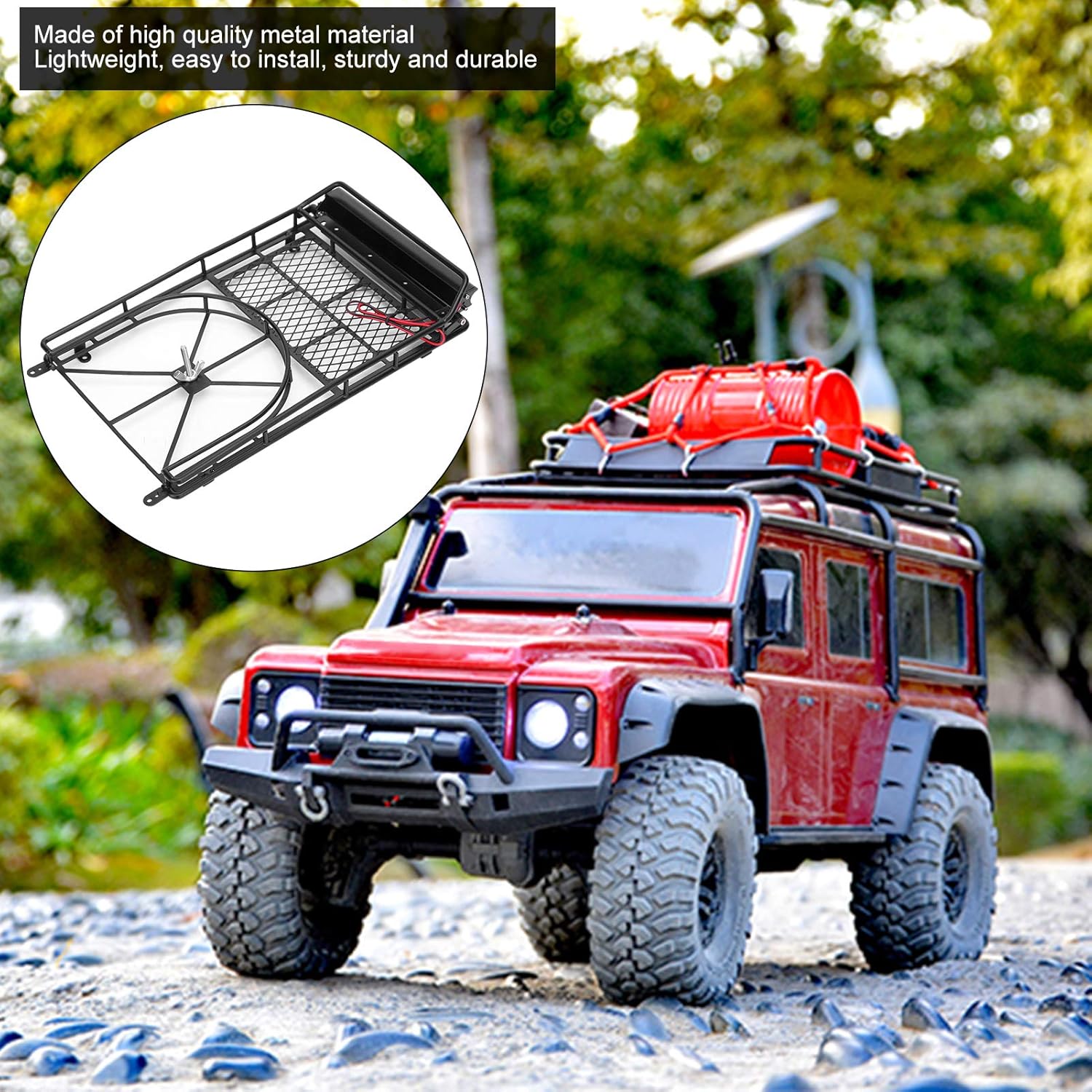 VGEBY Portaequipajes RC, portaequipajes de techo de metal para coche de escalada RC con estante para neumáticos de repuesto, 10 barras de luz LED,
