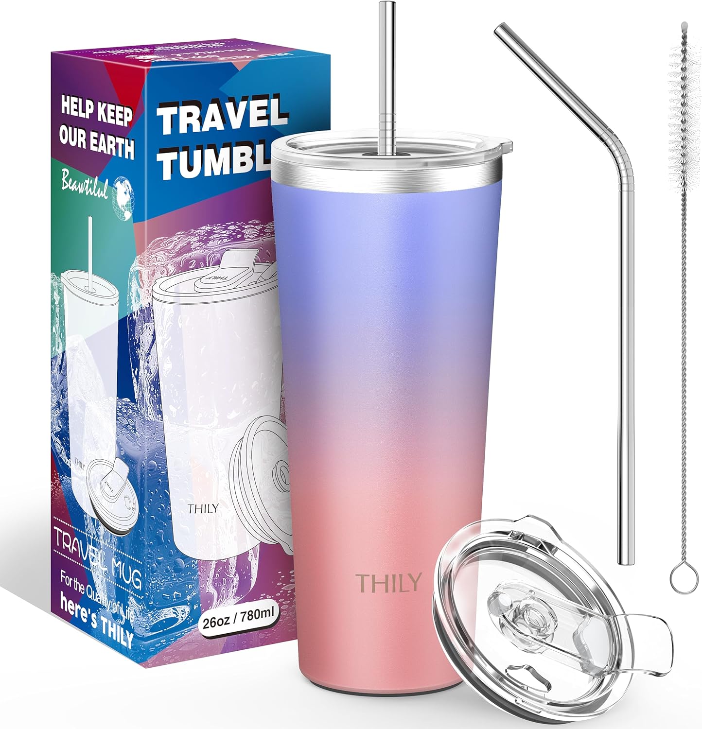 THILY Vaso de viaje de acero inoxidable aislado al vacío, taza de café de 26 onzas con 2 tapas y popotes, a prueba de salpicaduras, mantiene las