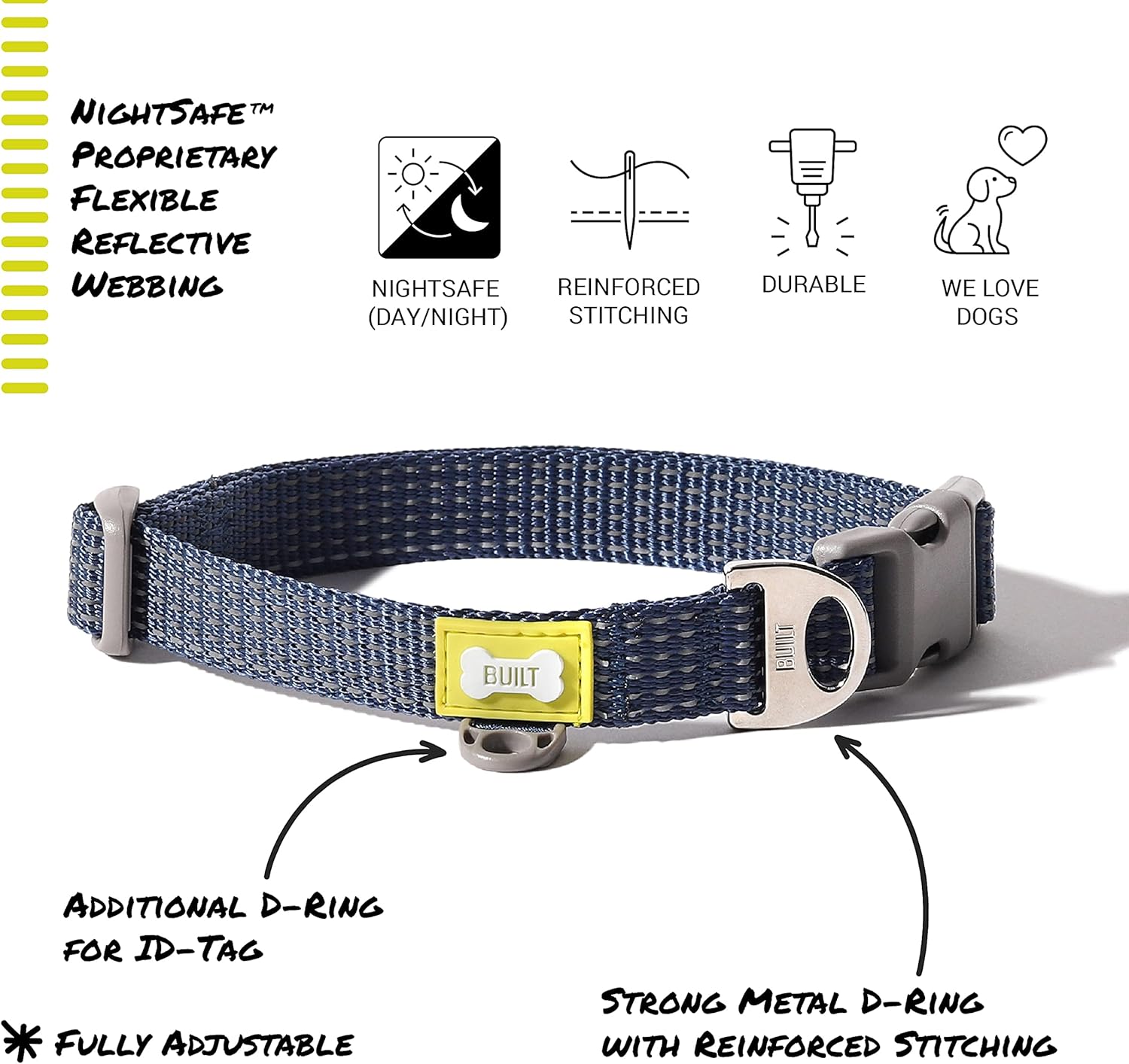 BUILT Pet Nightsafe – Collar para perro grande, azul marino y amarillo