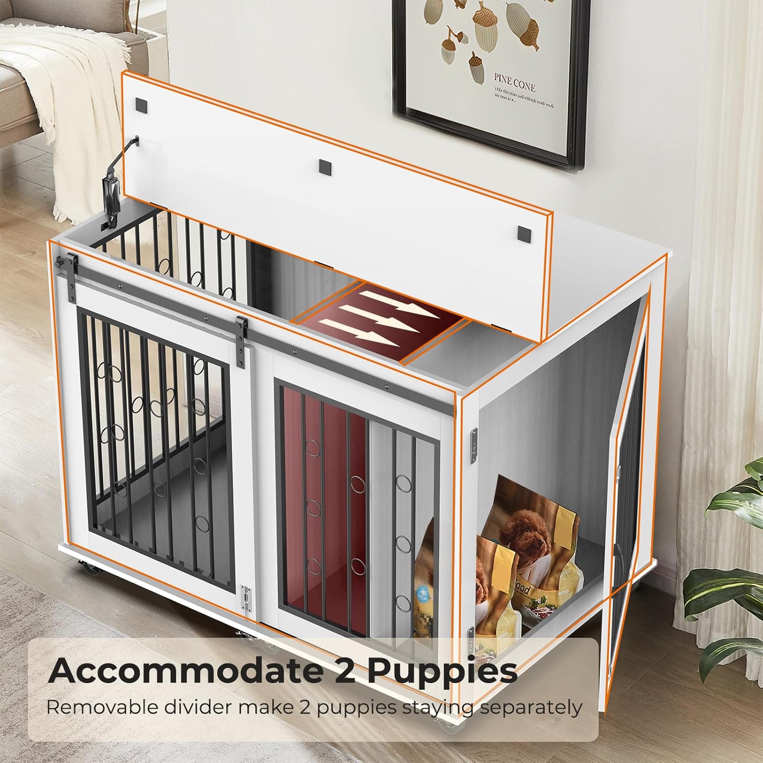 Furniture Style – Mesa auxiliar para perros con puerta corrediza de granero, muebles de interior para perreras con divisor extraíble para 2 mascotas