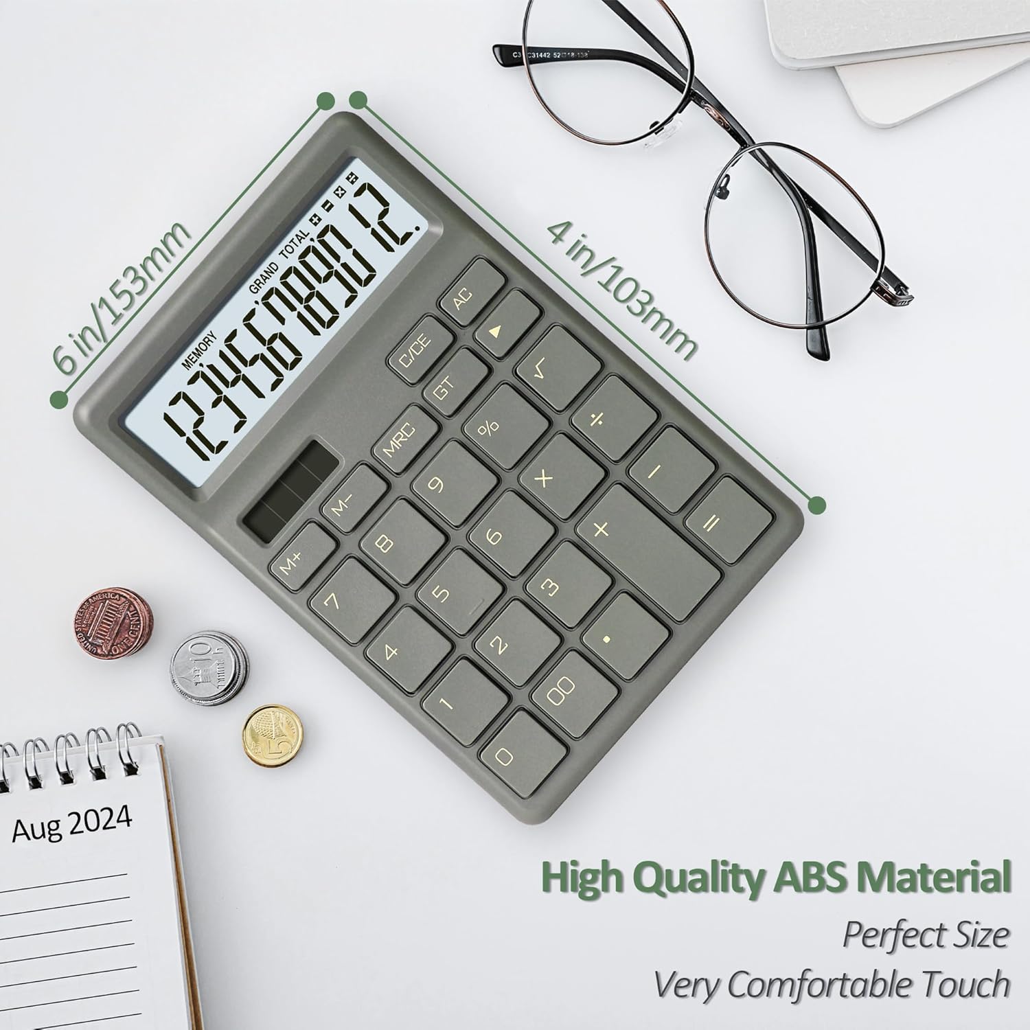 Calculadora estándar de 12 dígitos, batería de doble potencia de escritorio verde y solar, calculadoras de escritorio con pantalla LCD grande,