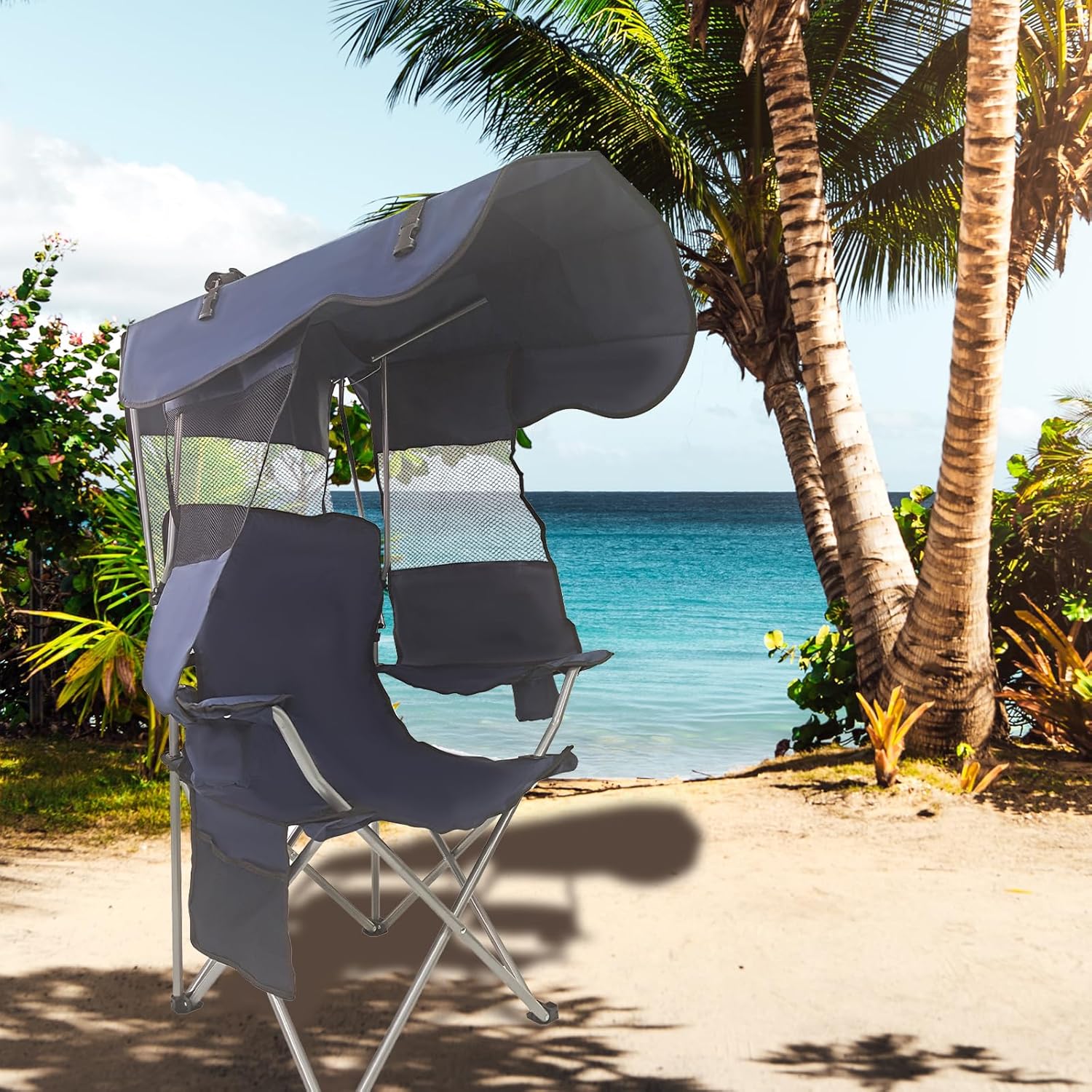 BDL Silla de camping con toldo plegable portátil con soporte para tazas, persianas laterales, bolsillo lateral para campamento, playa, pesca,
