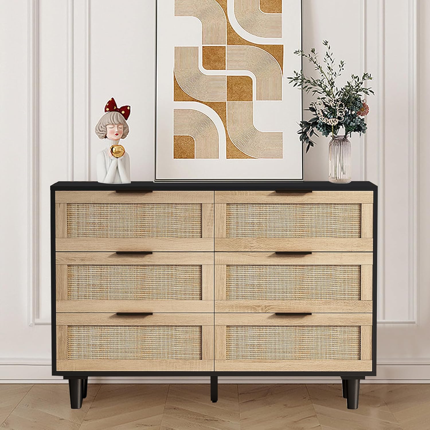 Cómoda de 43 pulgadas de ancho para dormitorio, cómoda de mediados de siglo para sala de estar, cómoda moderna con 6 cajones, mango de metal negro y