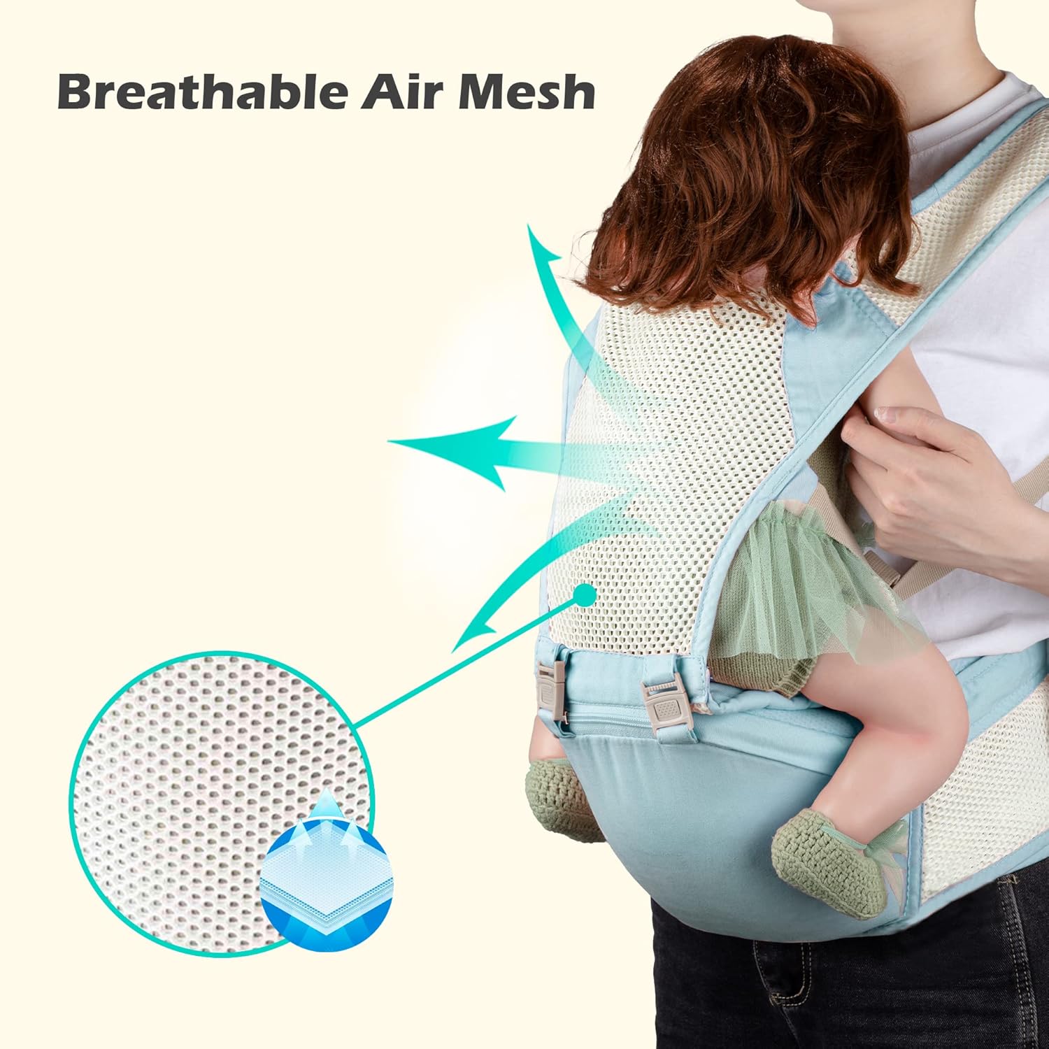 Portabebés de cadera con malla de aire transpirable, portabebés 3 en 1, ligero y cómodo, perfecto para padres en movimiento
