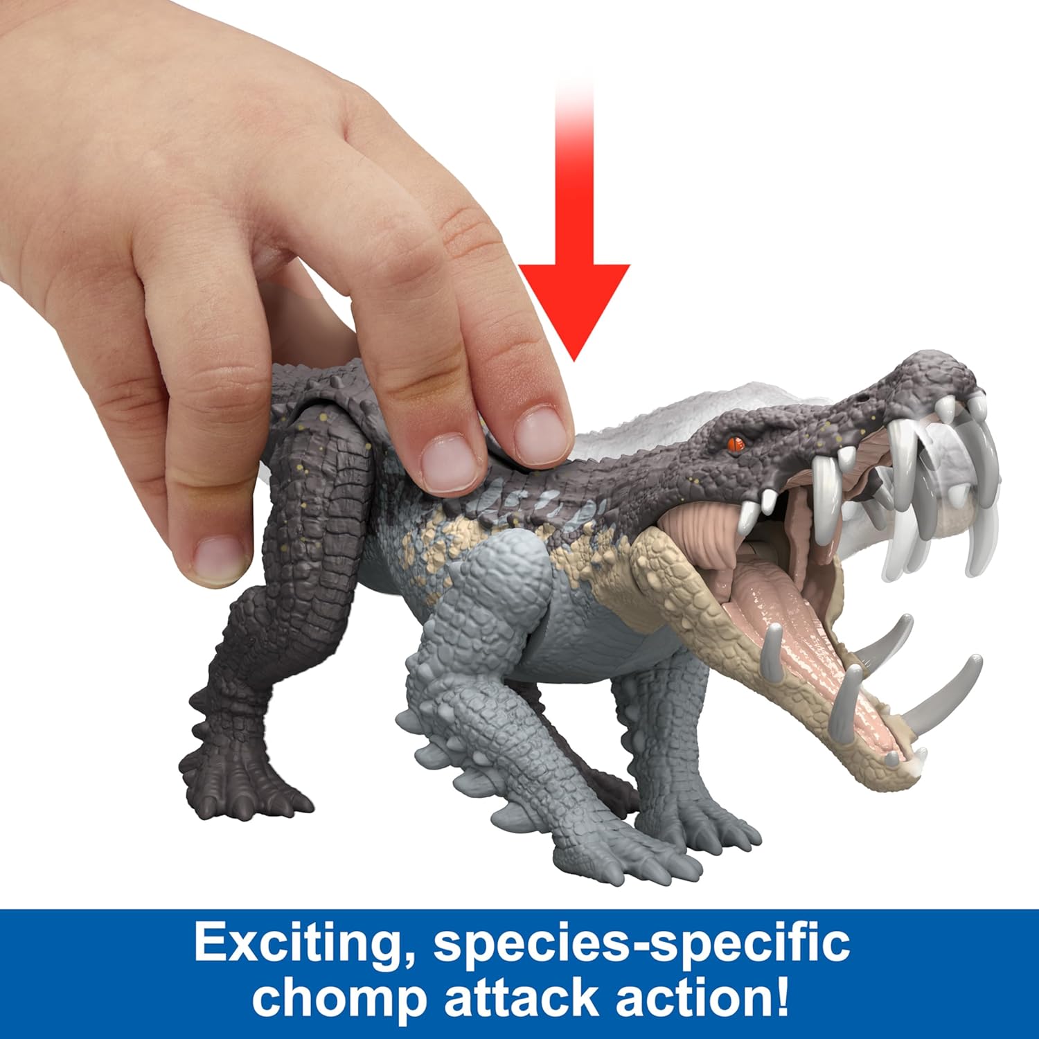Mattel Jurassic World Strike Attack Kaprosuchus – Juguete de dinosaurio con acción de golpe único, articulaciones móviles, figura de acción de