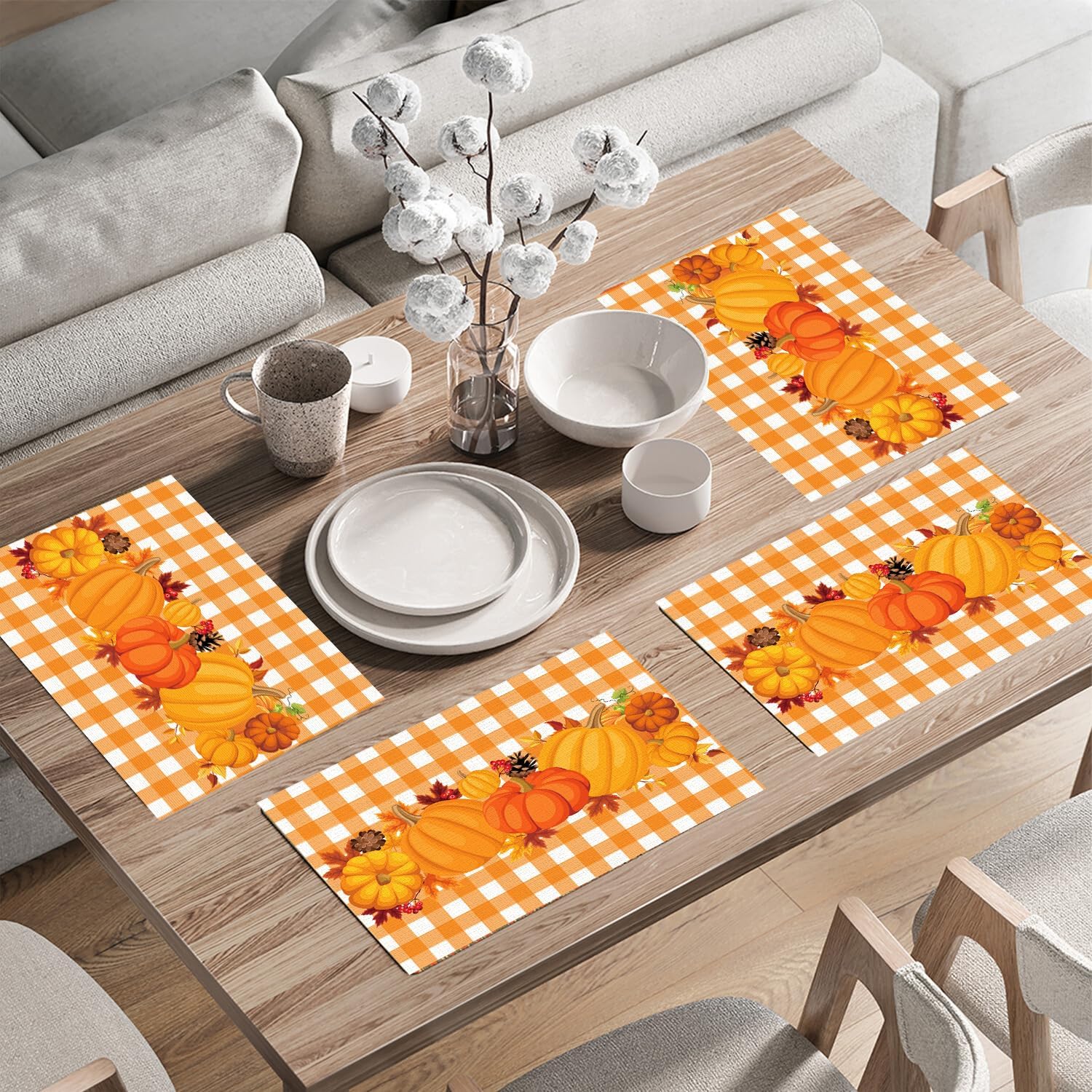 4 manteles individuales de otoño, 18.5 x 13 pulgadas, manteles individuales de lino naranja de Acción de Gracias, manteles individuales cálidos y