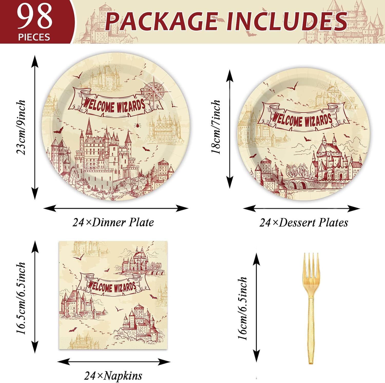 chiazllta 96 platos y servilletas de papel para fiesta de mago mágico, platos de fiesta temática de mago, platos de cumpleaños de castillo vintage y