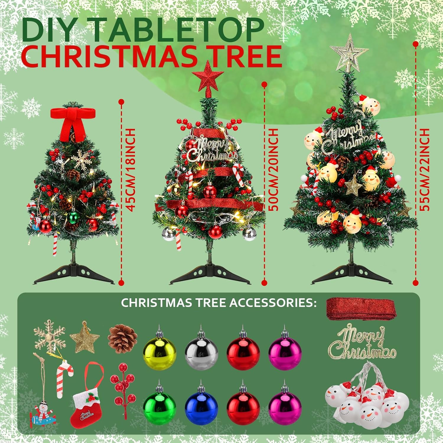 3 piezas de mini árbol de Navidad artificial de escritorio con luces LED y adornos de 182022 pulgadas, árbol de Navidad de mesa para decoración de